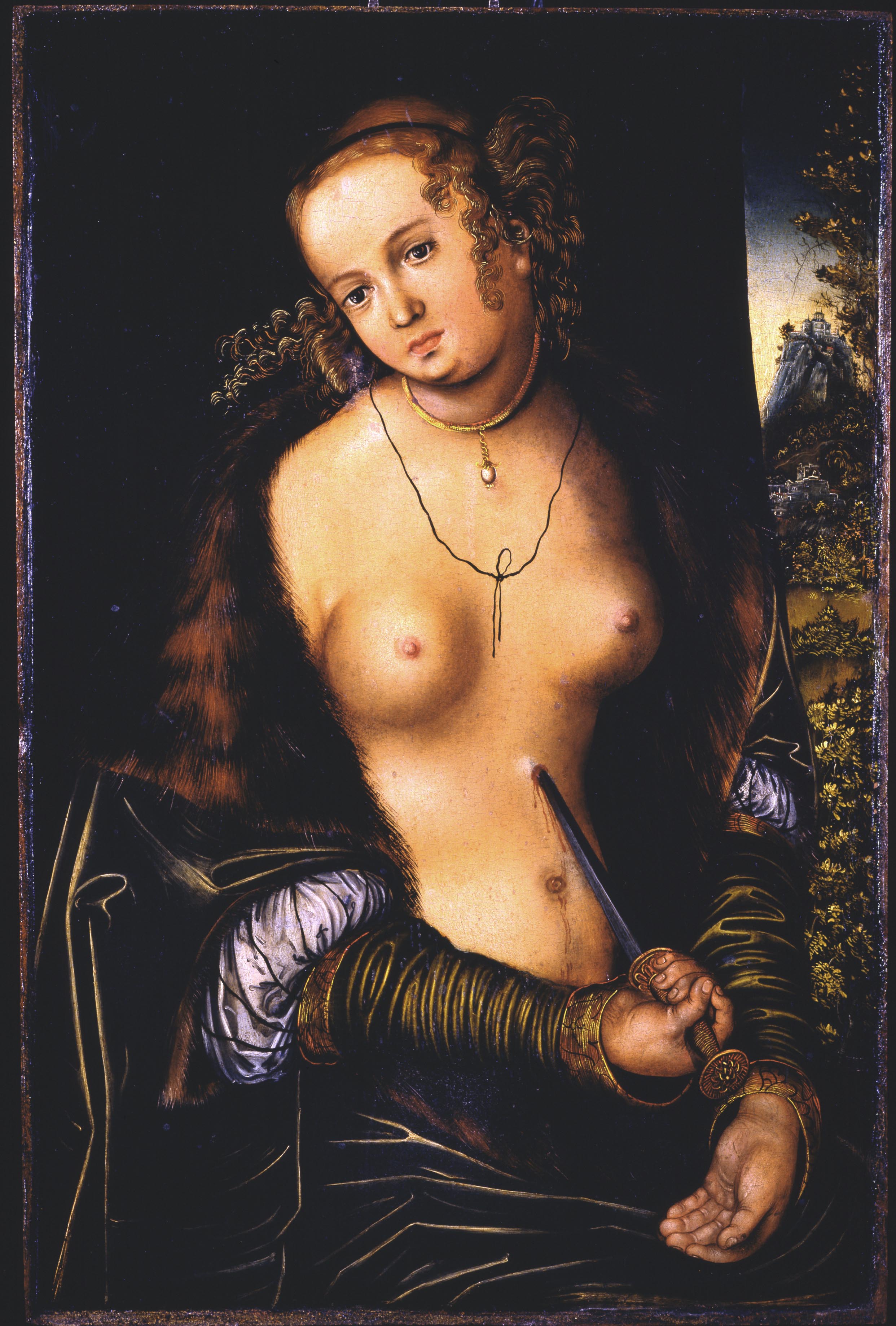 Lucas Cranach (bottega) (Kranach 1472-Weimar 1553) Lucrezia. Circa 1510-1512. Olio su tavola, cm 42x27,7. Siena, Pinacoteca Nazionale 