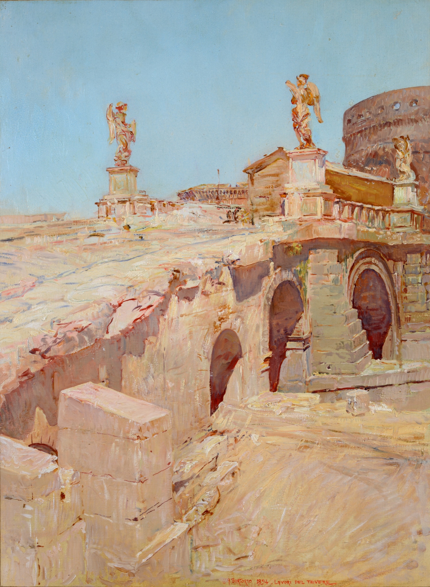 Giulio Aristide Sartorio (Roma 1860-1932) "Testata di ponte Elio scoperta durante la sistemazione del lungotevere", 1894. Olio su cartone telato 76 x 56 cm