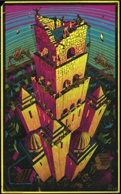Casey Poster, Victory Tower, 1970. Black Light Poster, 73x46 cm, Collezione privata, Italia All M.C. Escher works © 2021 The M.C. Escher Company The Netherlands. All rights reserved www.mcescher.com
