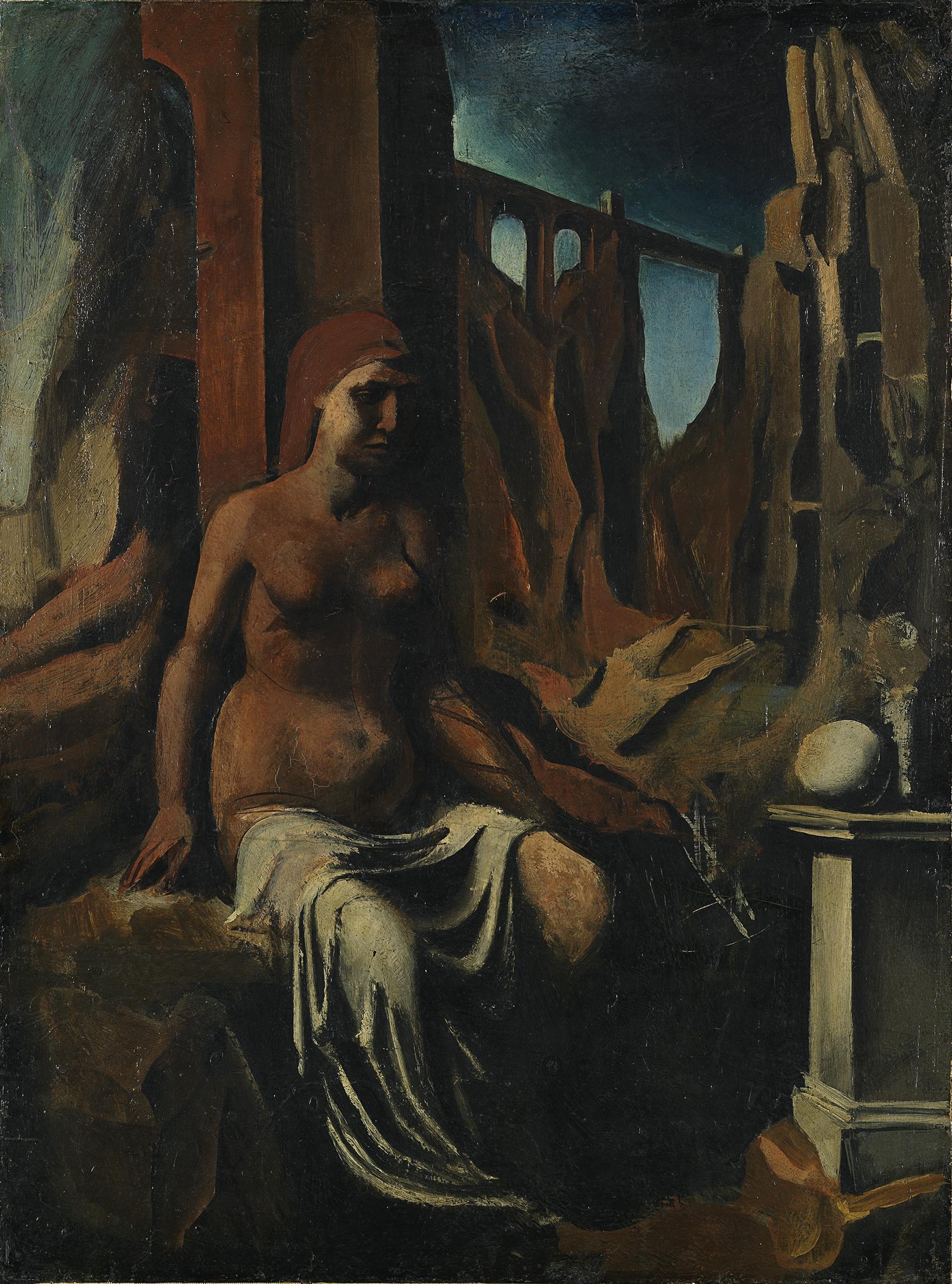 Mario Sironi: Donna seduta e paesaggio (La Malinconia), 1927-28, olio su carta, 81 x 60,5 cm, Milano, Museo del Novecento © Mario Sironi, by SIAE 2021 