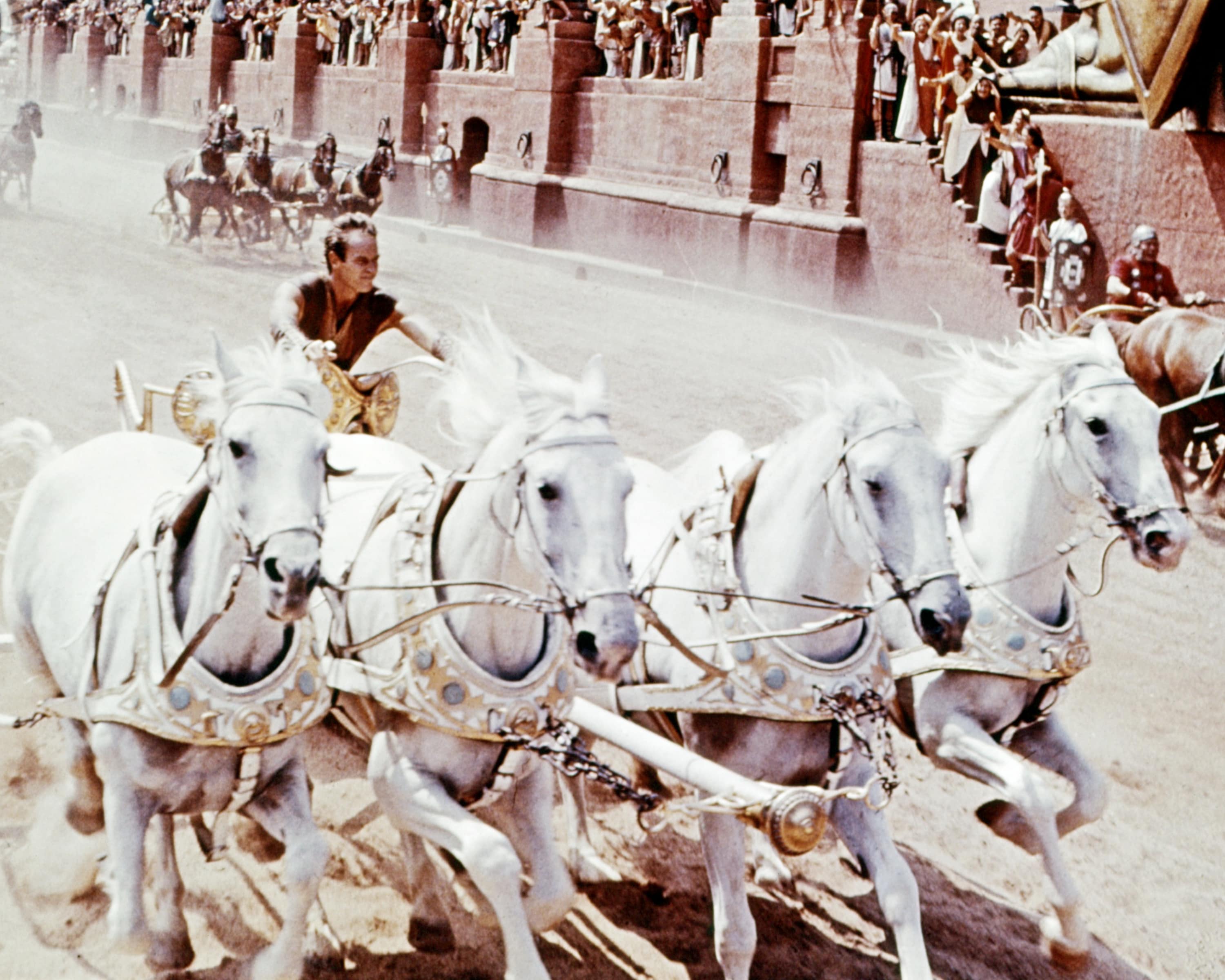 1959. Heston nella famosa scena della corsa delle bighe di "Ben Hur" di William Wyler