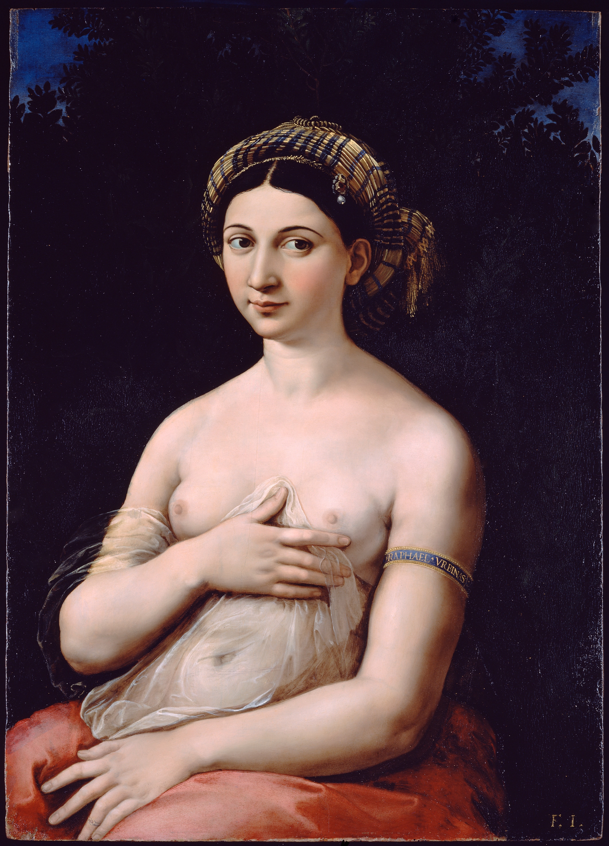 Raffaello Sanzio (Urbino 1483 – Roma 1520) La Fornarina, 1520 ca. Olio su tavola, cm 87 x 63. Gallerie Nazionali di Arte Antica