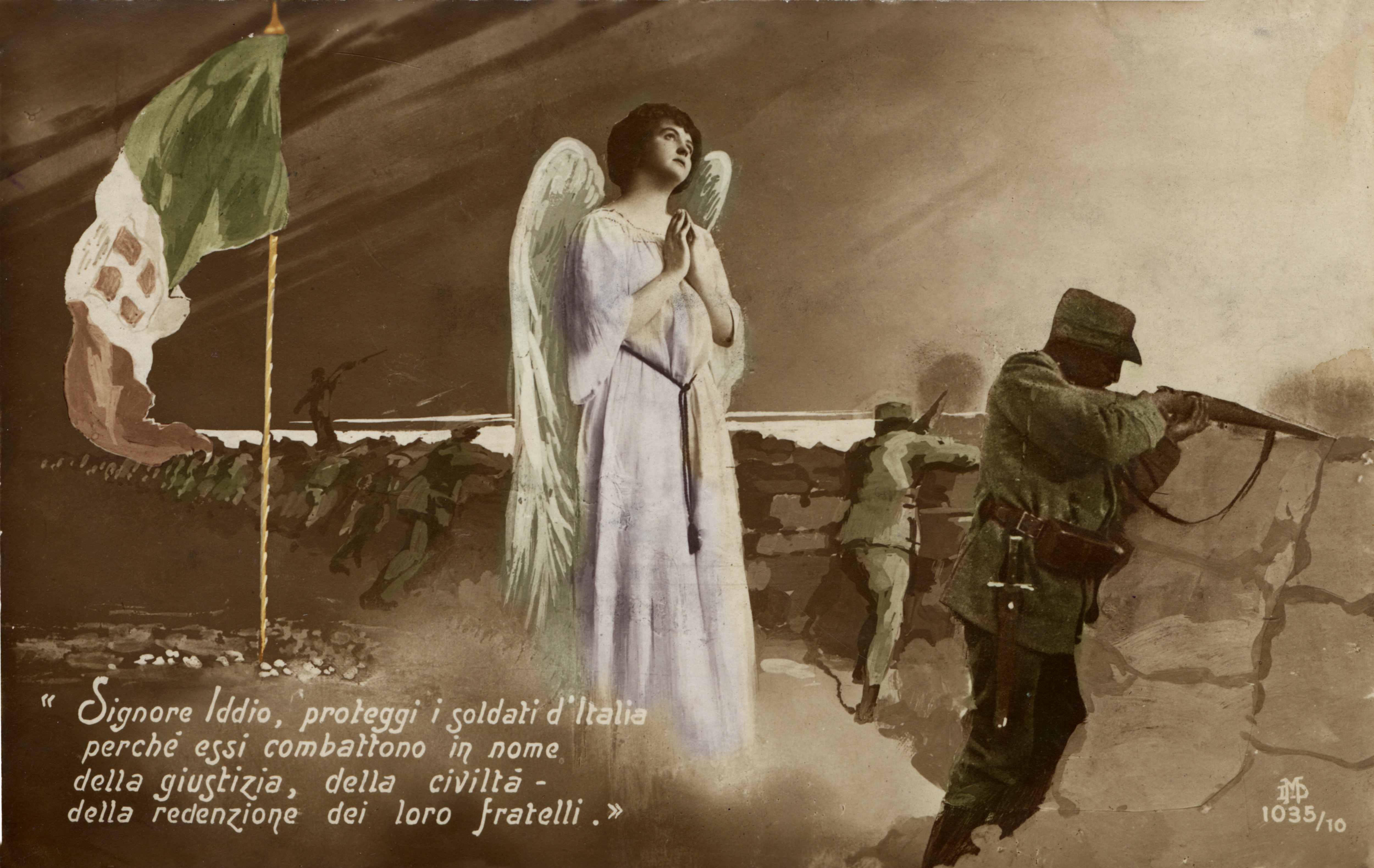 Una stampa che rappresenta un angelo a protezione di un soldato in guerra