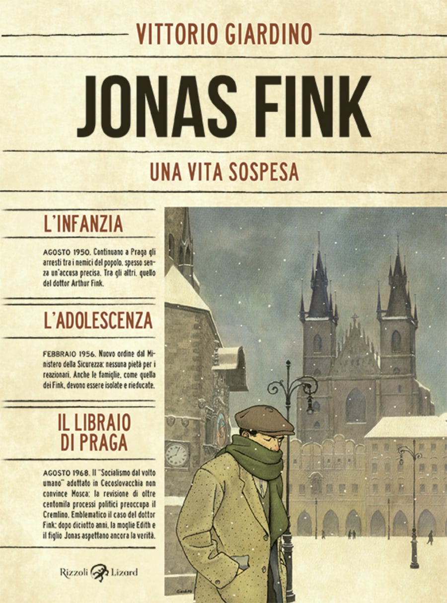 "JONAS FINK. UNA VITA SOSPESA" di Vittorio Giardino, pubblicato da Rizzoli Lizard. Finalmente, dopo un`attesa di 20 anni, Vittorio Giardino pubblica anche in Italia (è uscito da pochissimo in Francia per Casterman) il capitolo conclusivo della saga di uno dei suoi personaggi più celebri, Jonas Fink, e Rizzoli Lizard ha ben pensato di pubblicare l`opera completa (i primi due capitoli più l`ultimo) in un solo volume di 300 pagine intitolato "Jonas Fink. Una vita sospesa", che comprende "L`infanzia", "L`adolescenza" e l`inedito capitolo conclusivo "Il libraio di Praga". In questa magnifica opera Giardino racconta la formazione di un giovane praghese dal dopoguerra alla caduta del muro, attraverso il racconto della repressione comunista e del suo smantellamento che si intreccia con la storia delle vicende personali e familiari del protagonista. Per gentile concessione dell`editore Rizzoli Lizard pubblichiamo alcune delle splendide tavole di "Jonas Fink. Una vita sospesa".