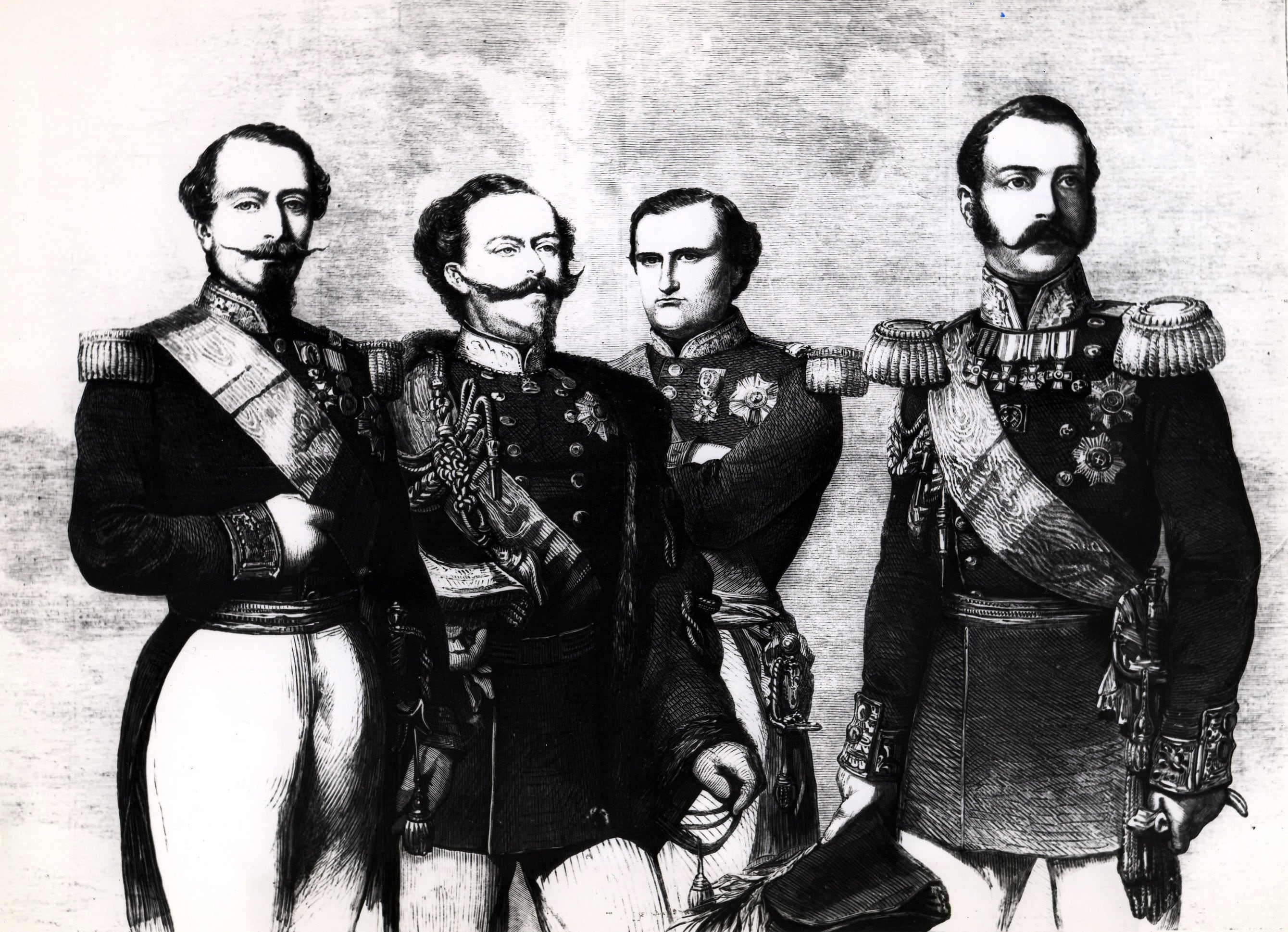 Vittorio Emanuele II, insieme con lo Zar Alessandro II e Napoleone III. Il Re succede a Carlo Alberto nel 1849, che dopo essere stato nuovamente sconfitto dagli austriaci nella battaglia di Novara il 23 marzo, scontro decisivo della Prima Guerra d’Indipendenza, abdica per il figlio che concluderà un armistizio il giorno dopo con gli austriaci a Vignale