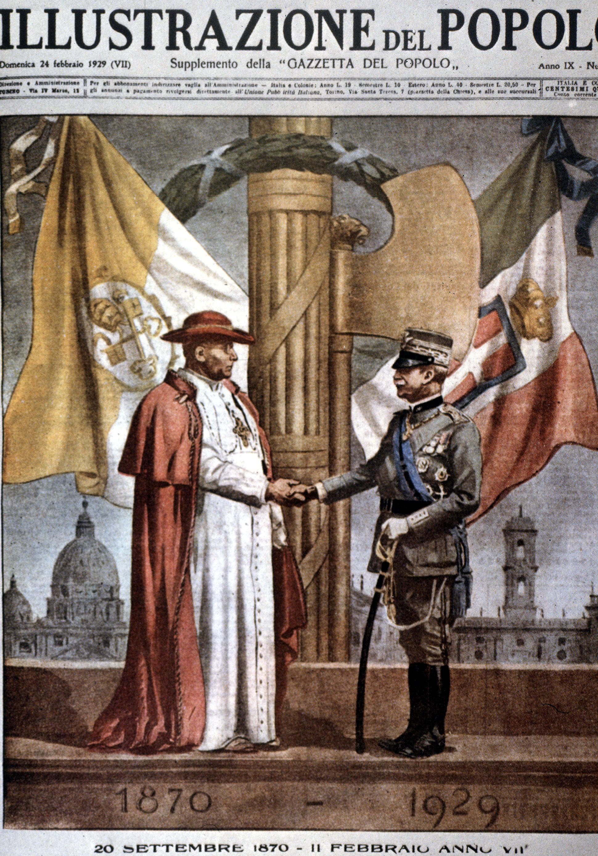 Illustrazione commemorativa in occasione degli accordi, che ritrae il papa Pio XI e il re Vittorio Emanuele III
