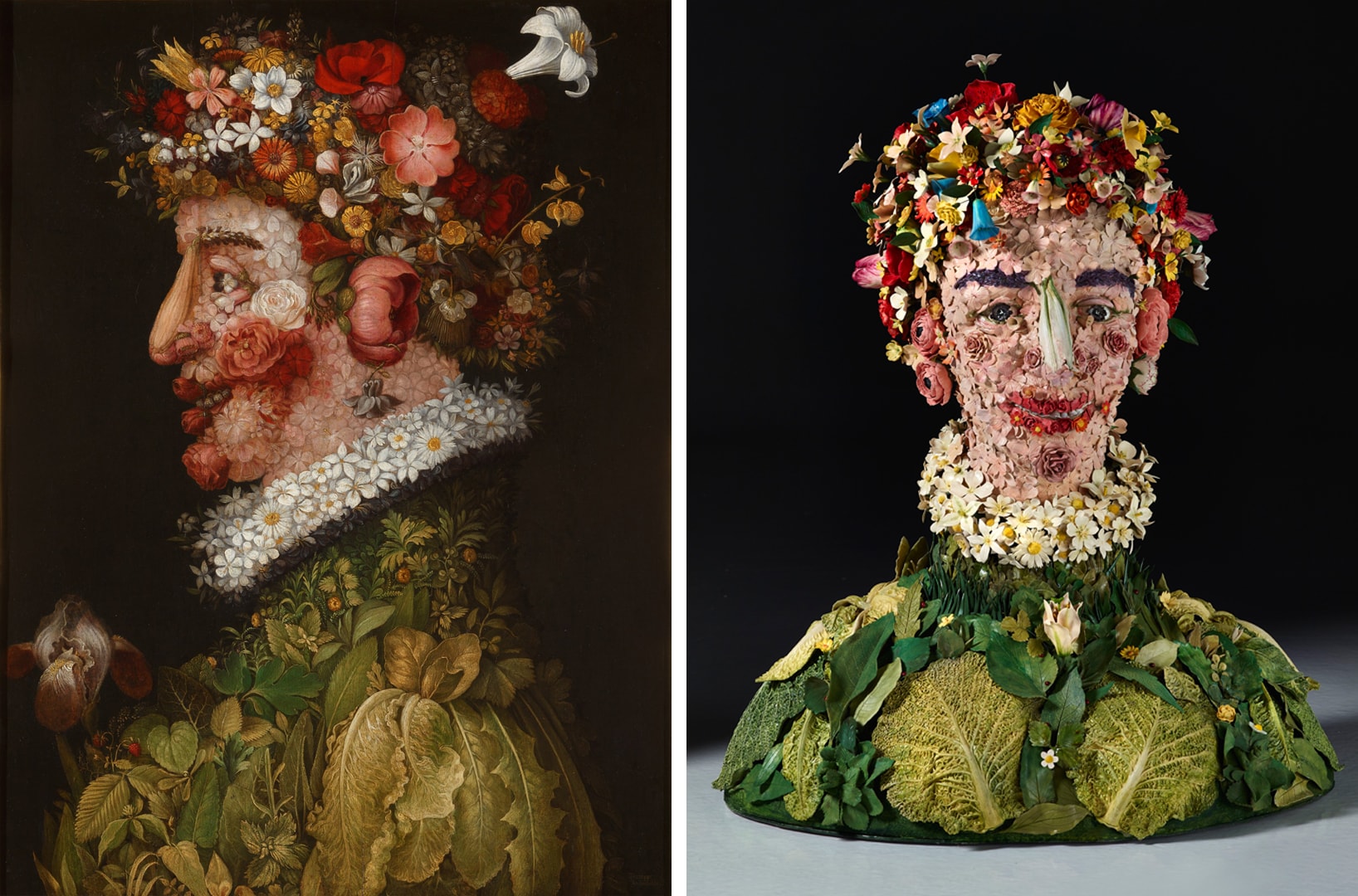 La primavera. Nel riquadro a sinistra l'opera dipinta di Giuseppe Arcimboldi e a destra la versione in ceramica di Bertozzi & Casoni.