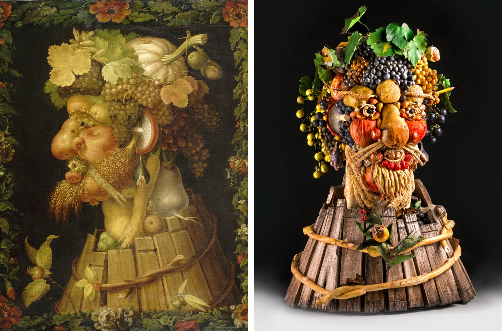 L'autunno. Nel riquadro a sinistra l'opera dipinta di Giuseppe Arcimboldi e a destra la versione in ceramica di Bertozzi & Casoni.