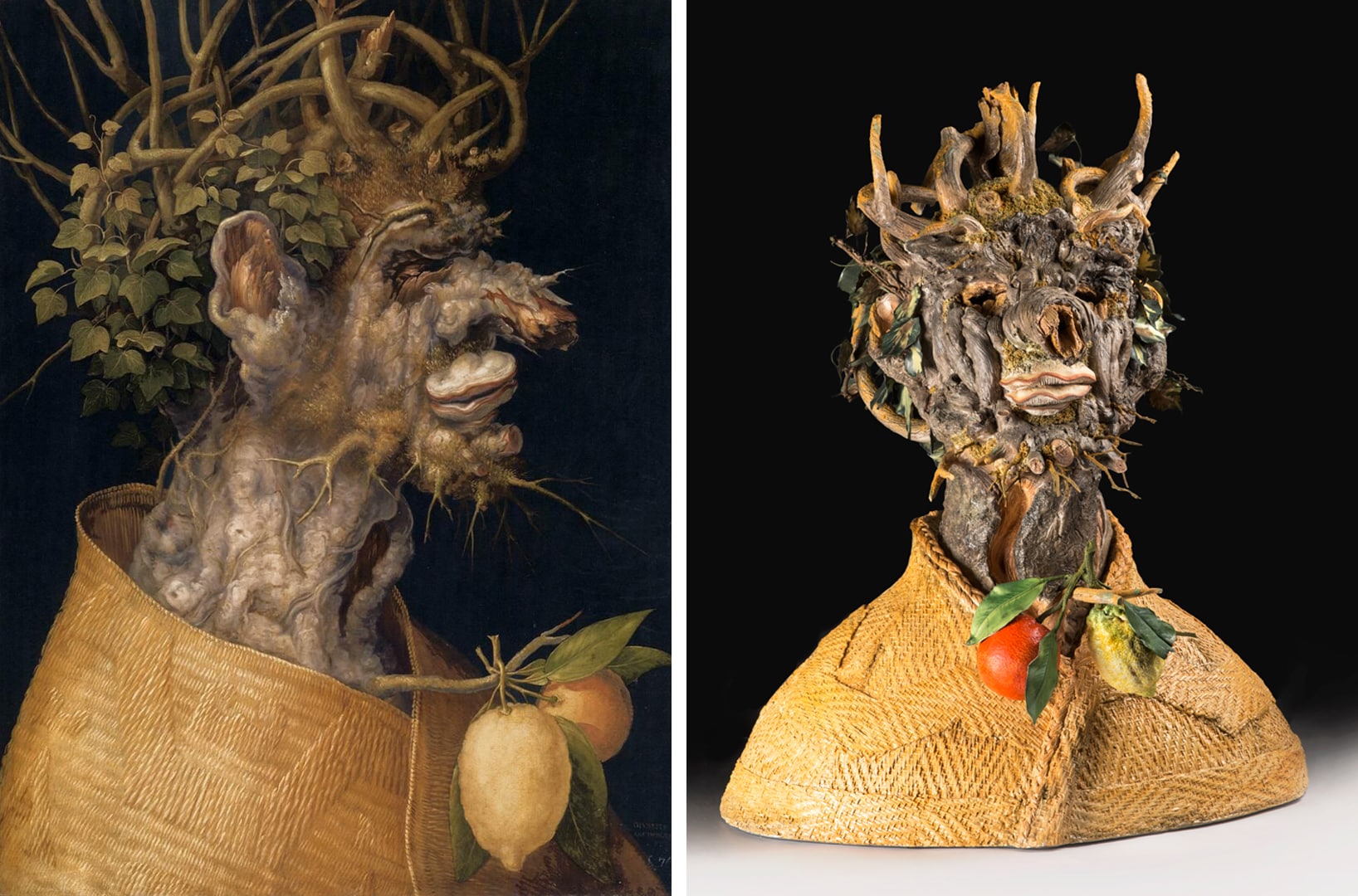 L'inverno. Nel riquadro a sinistra l'opera dipinta di Giuseppe Arcimboldi e a destra la versione in ceramica di Bertozzi & Casoni.