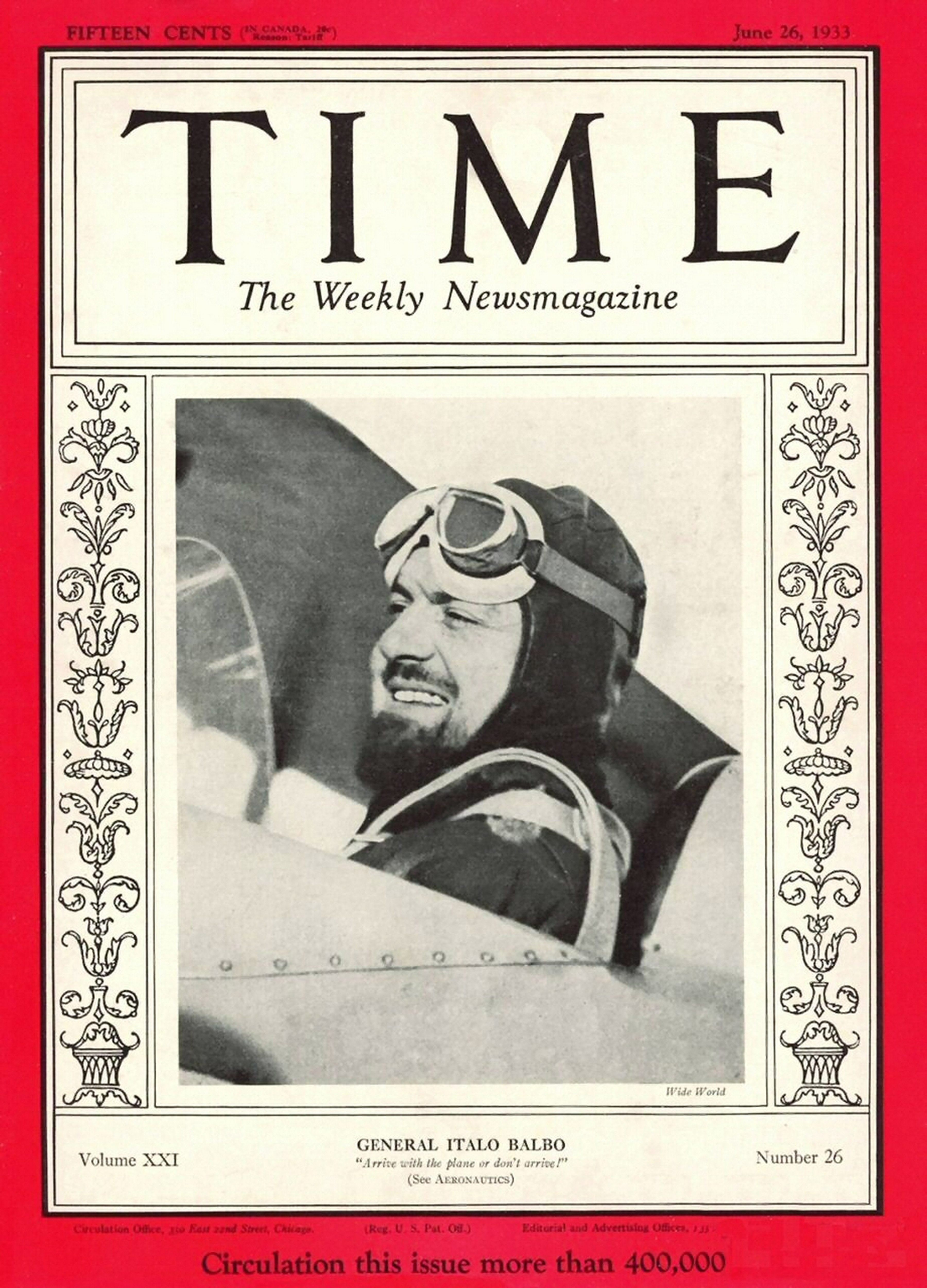 Copertina della rivista Time del 26 giugno 1933 dedicata all'aviatore Italo Balbo. Al suo arrivo a New York verrà accolto trionfalmente e ricevuto anche dal presidente Roosevelt