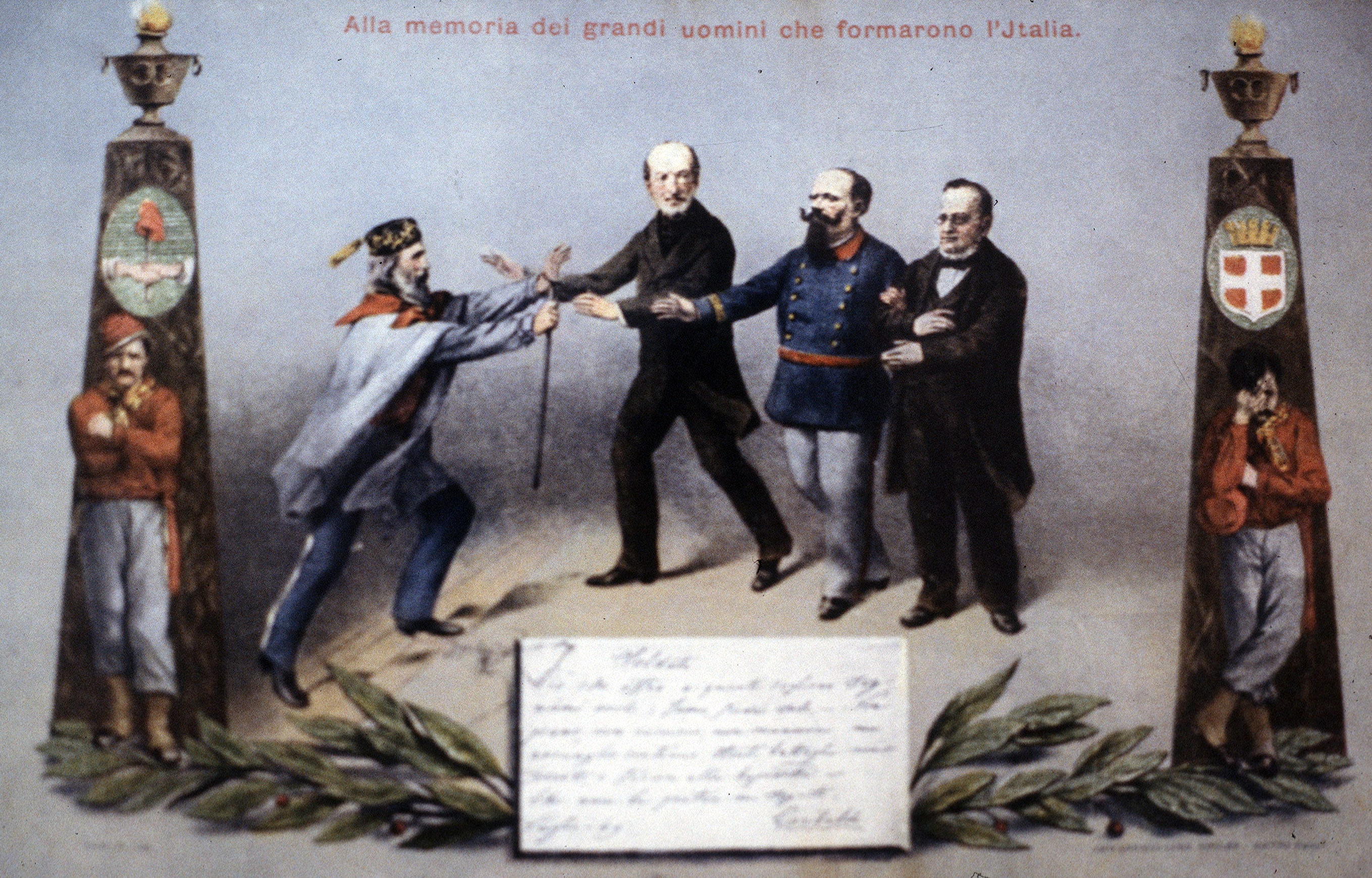 In una vignetta commemorativa insieme a Giuseppe Garibaldi, il re Vittorio Emanuele II e Camillo Benso conte di Cavour