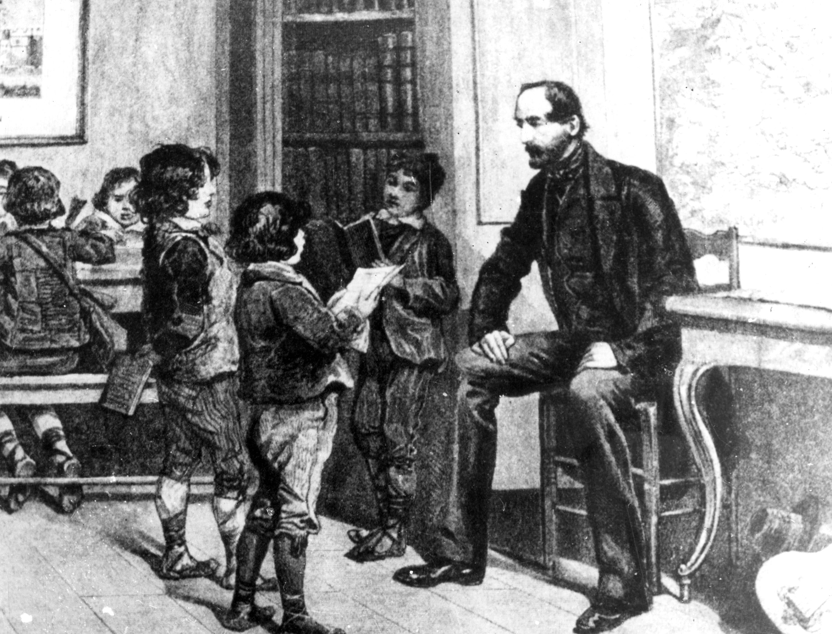 Mazzini raffigurato mentre insegna l'italiano ai figli degli emigranti mentre è in esilio