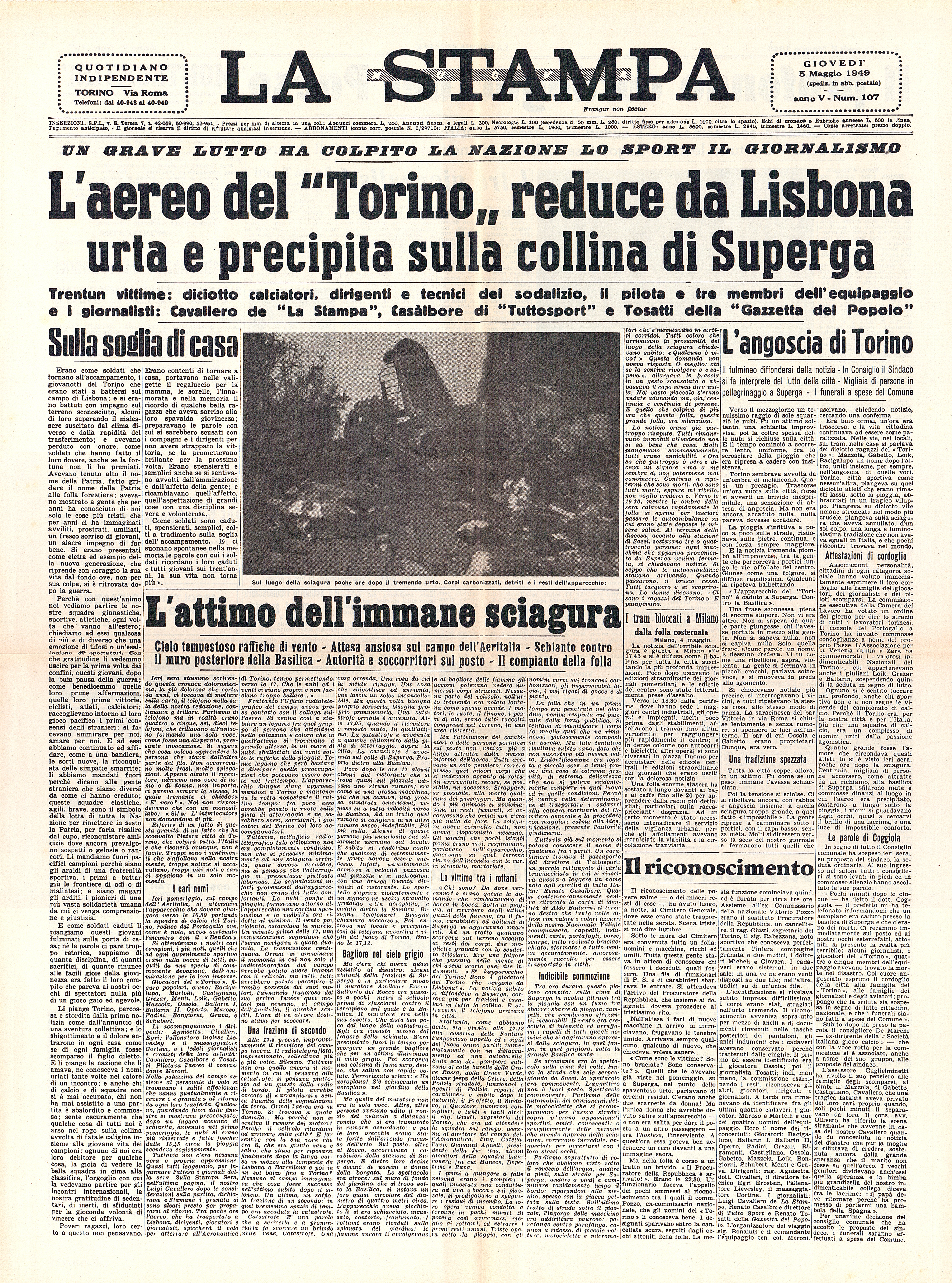 Prima pagina de "La Stampa", del quale muore nell’incidente anche il giornalista Luigi Cavallero