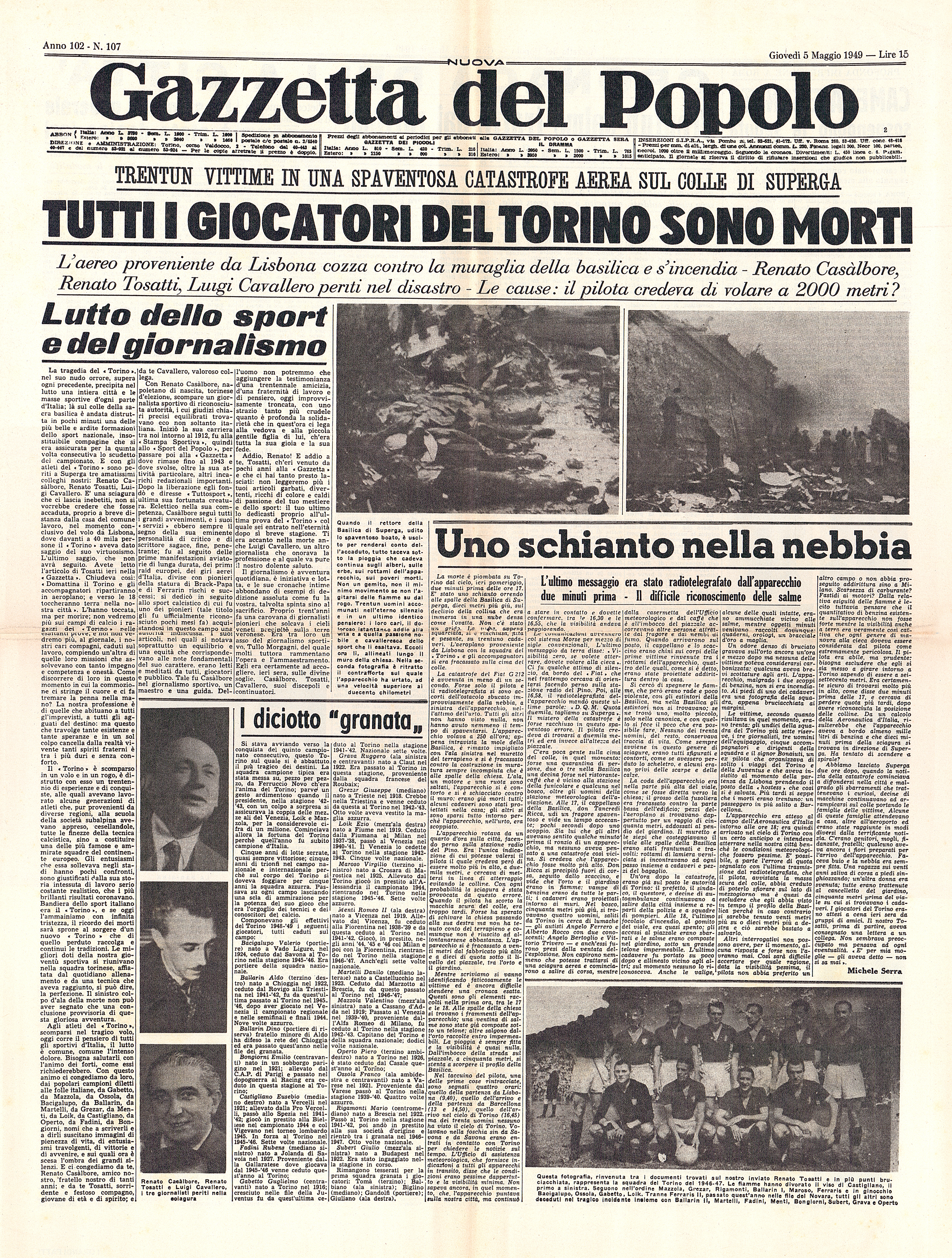Prima pagina de "La Gazzetta del popolo", del quale nell’incidente perde la vita anche il giornalista Renato Tosatti