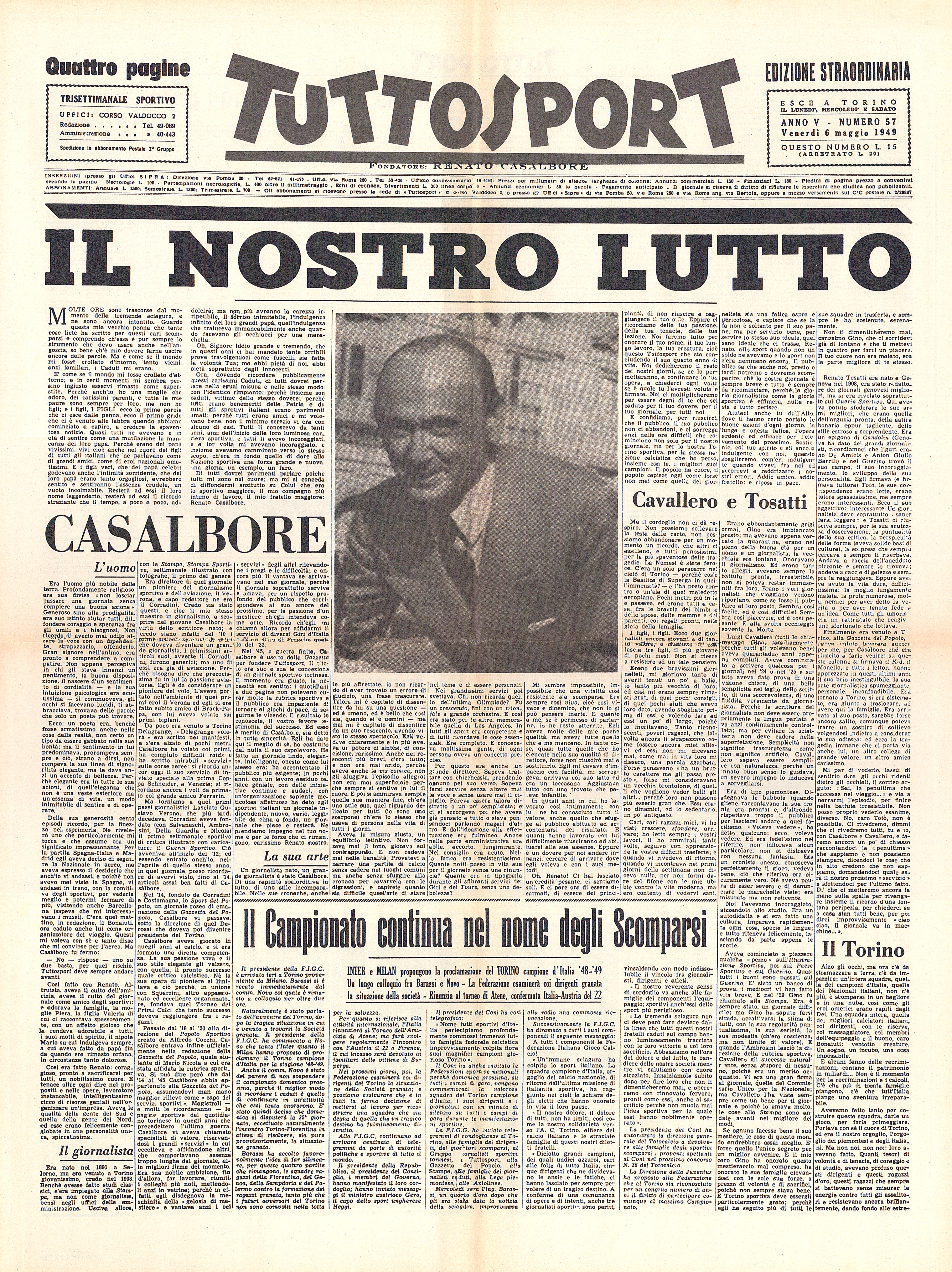 Prima pagina di "Tuttosport", che ricorda il fondatore del quotidiano, Renato Casalbore, morto nella tragedia anche lui