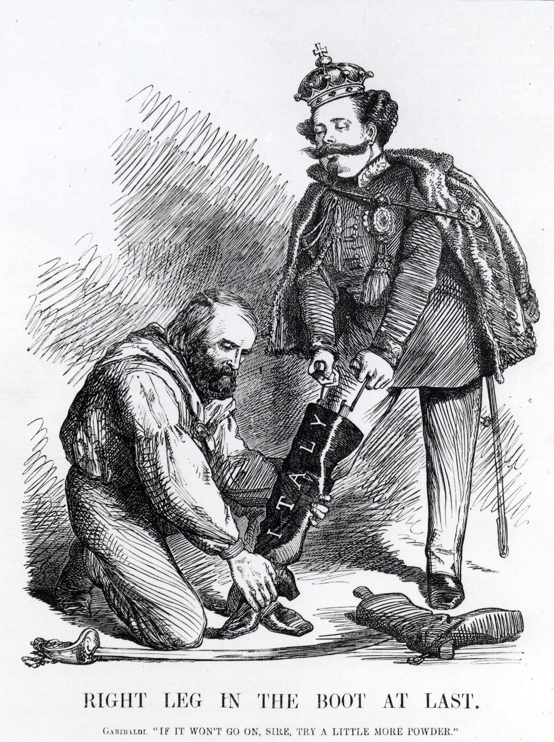 Caricatura che rappresenta Giuseppe Garibaldi intento ad aiutare il re Vittorio Emanuele II a calzare lo stivale, simbolo dell'Italia unita