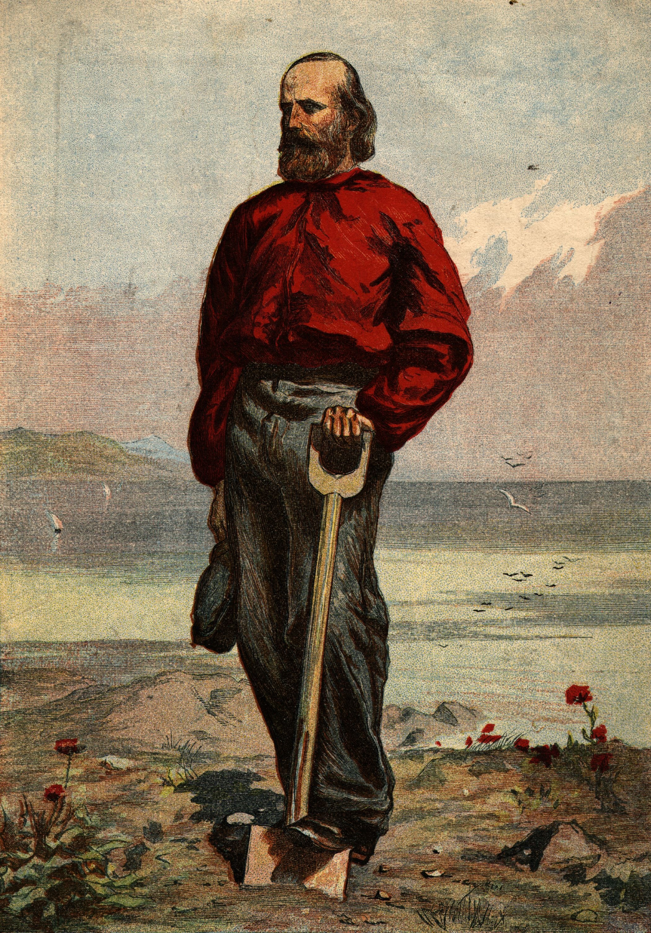 Ritratto con la sua caratteristica camicia rossa, che sceglie come uniforme per la Legione italiana nel 1843 a Montevideo e lo contraddistinguerà per sempre