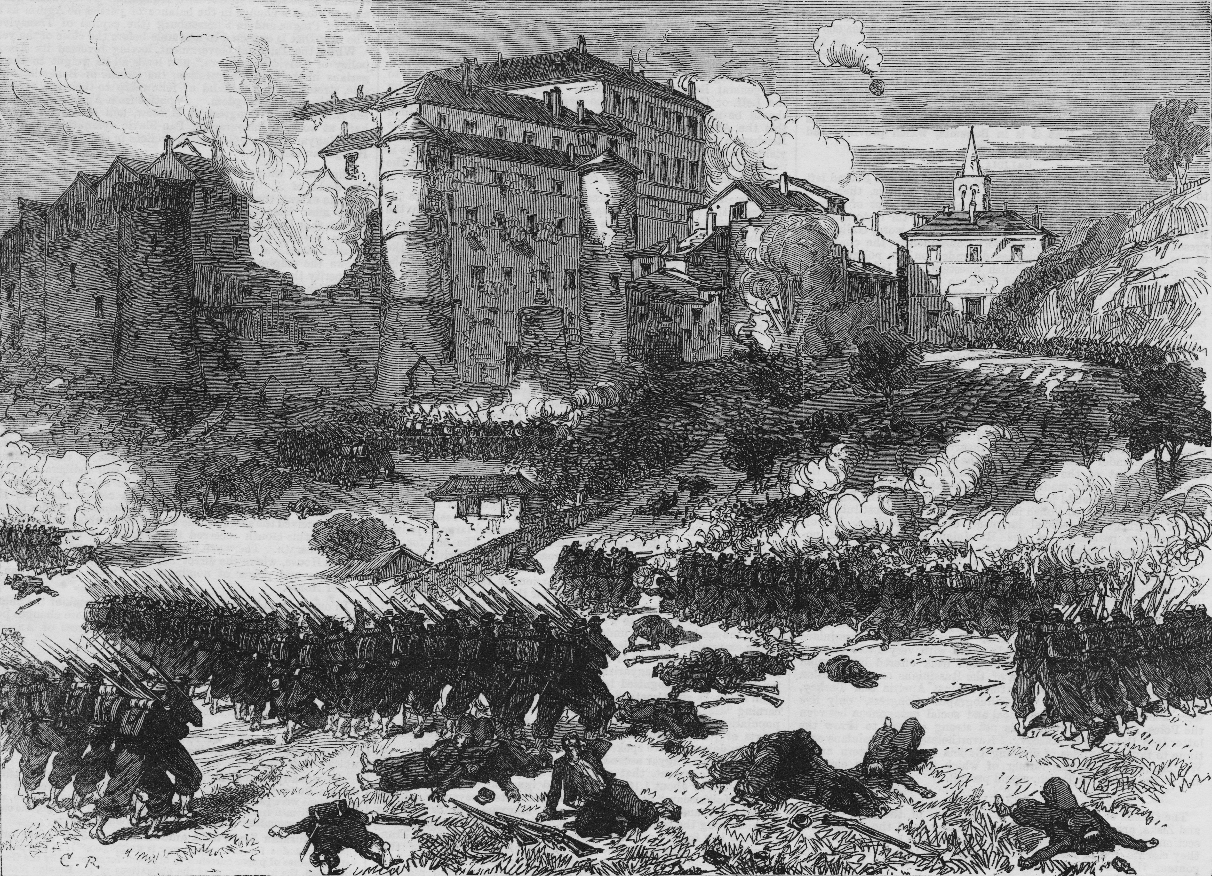 Battaglia di Mentana nel 1867 contro le truppe francesi e quelle pontificie. Garibaldi tenta più volte di liberare Roma