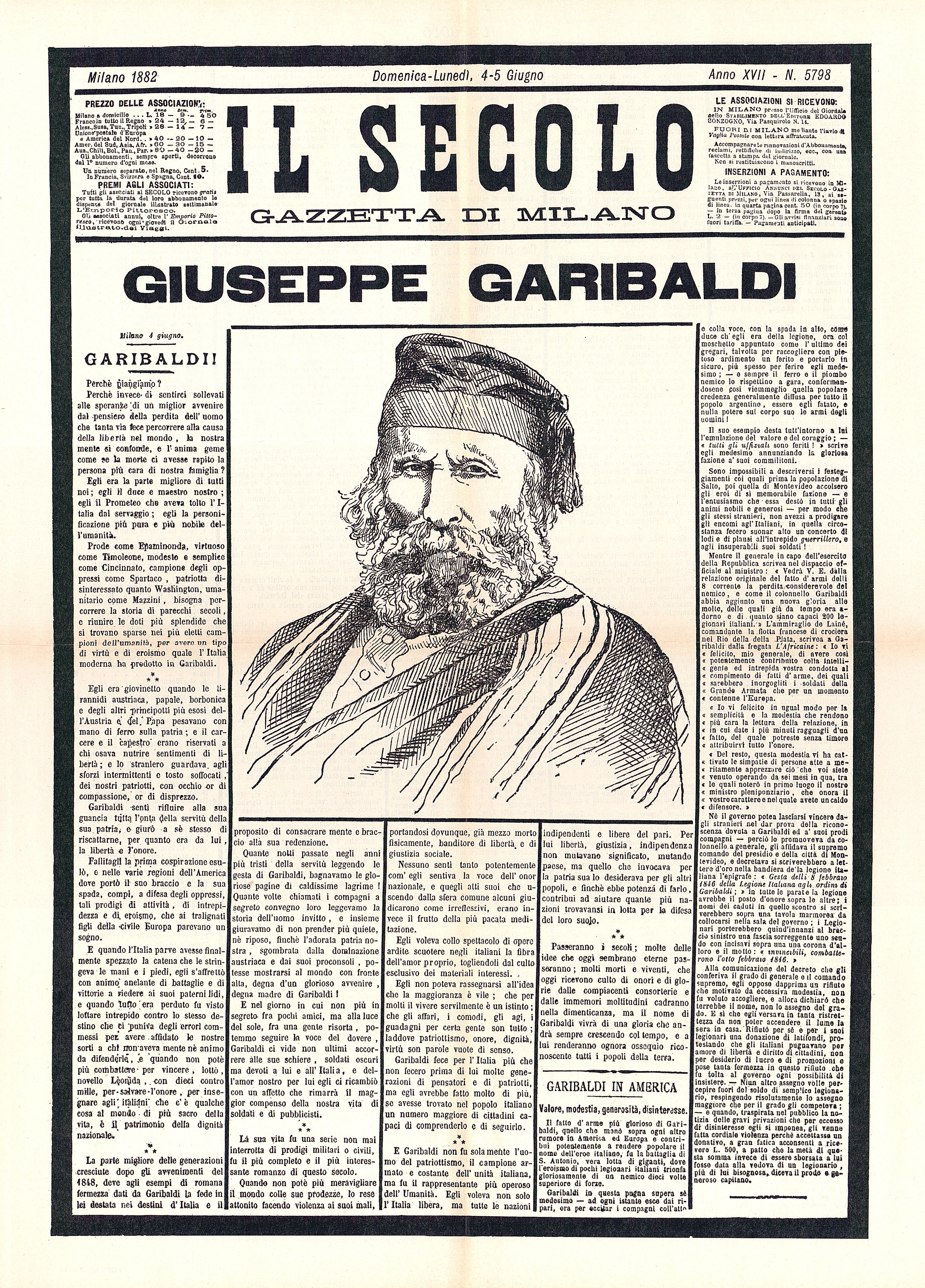 Prima pagina di un quotidiano del 1882, dedica alla figura di Garibaldi