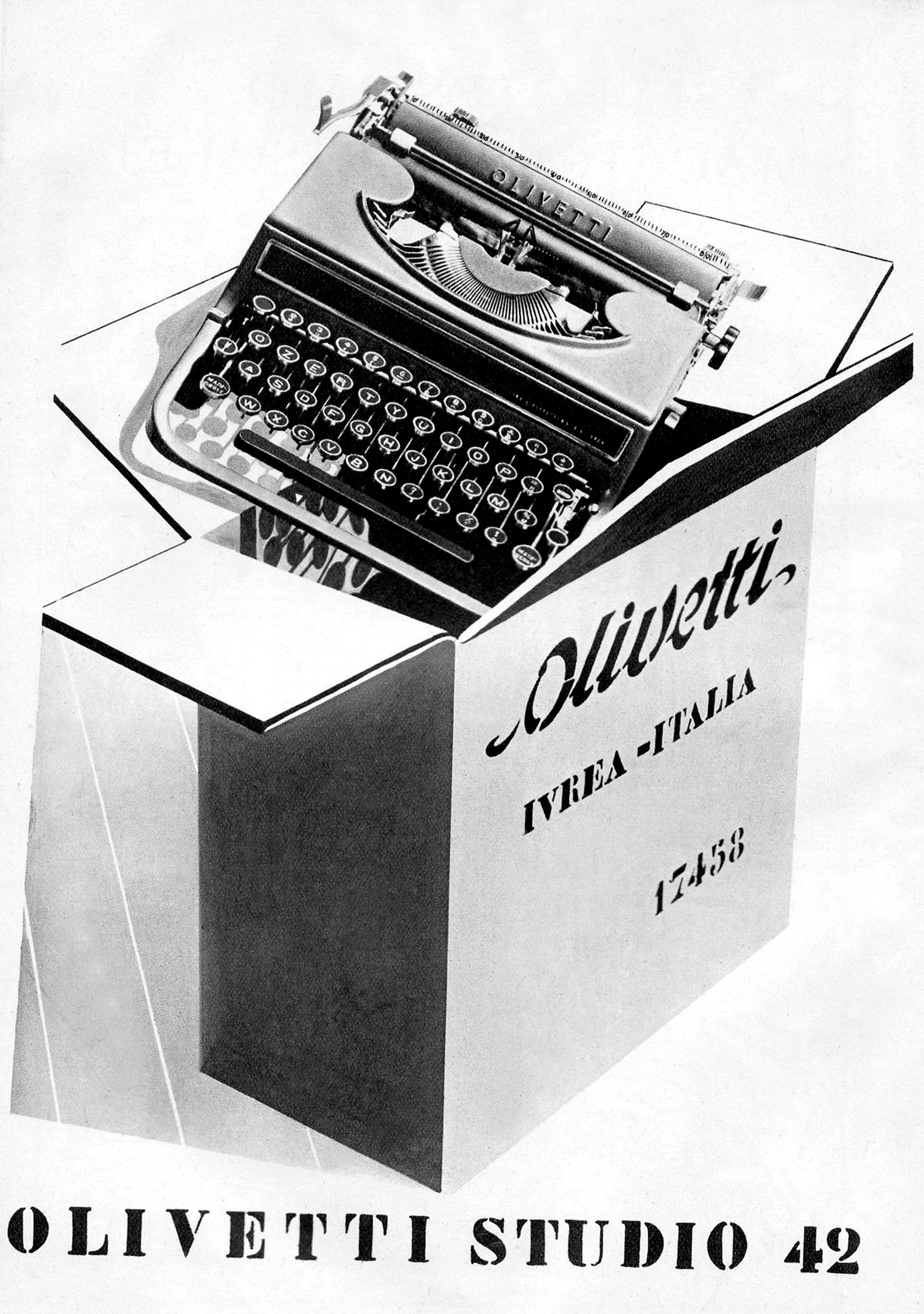 Pubblicità del modello di macchina Studio 42. Nel 1931 Adriano introduce in azienda il Servizio pubblicità, che si avvale del contributo di importanti artisti e designer