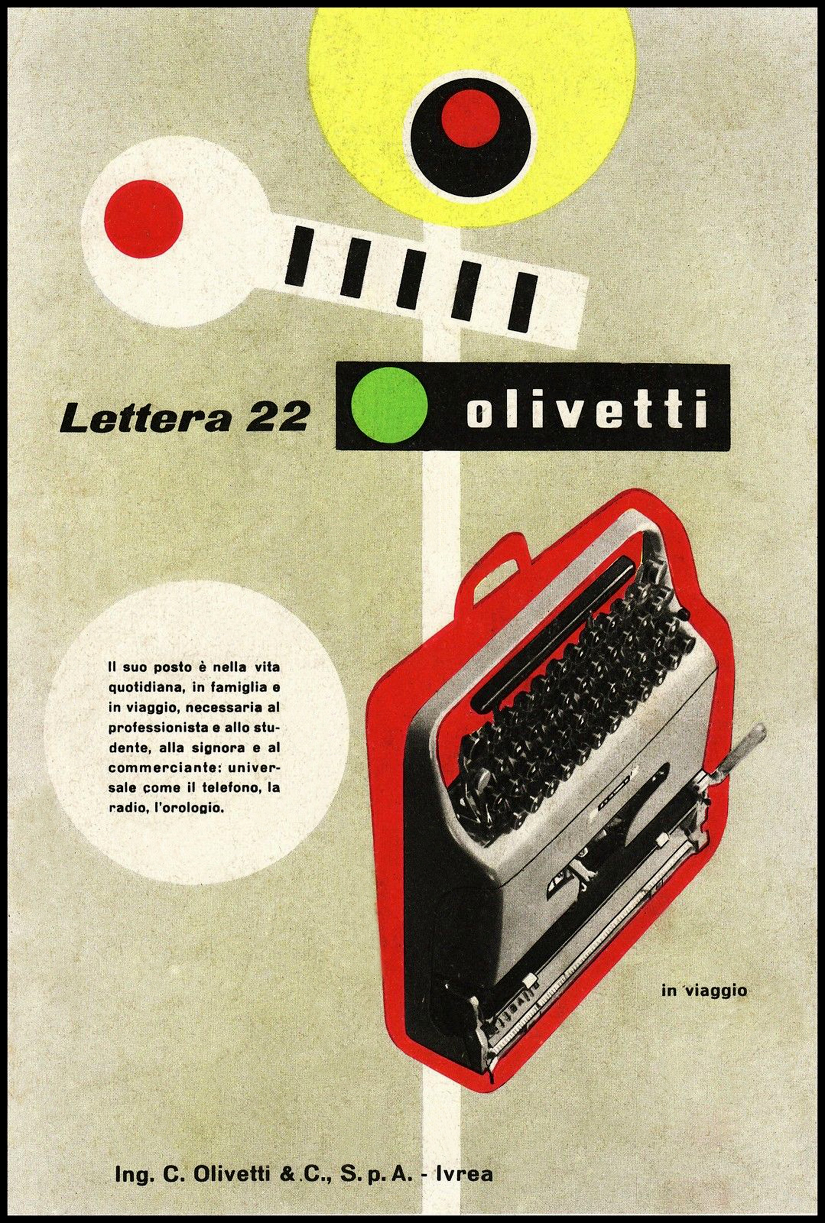 Manifesto pubblicitario della macchina da scrivere Lettera 22, che nel 1959 viene annoverata da una giuria di designer tra i cento migliori prodotti del secolo