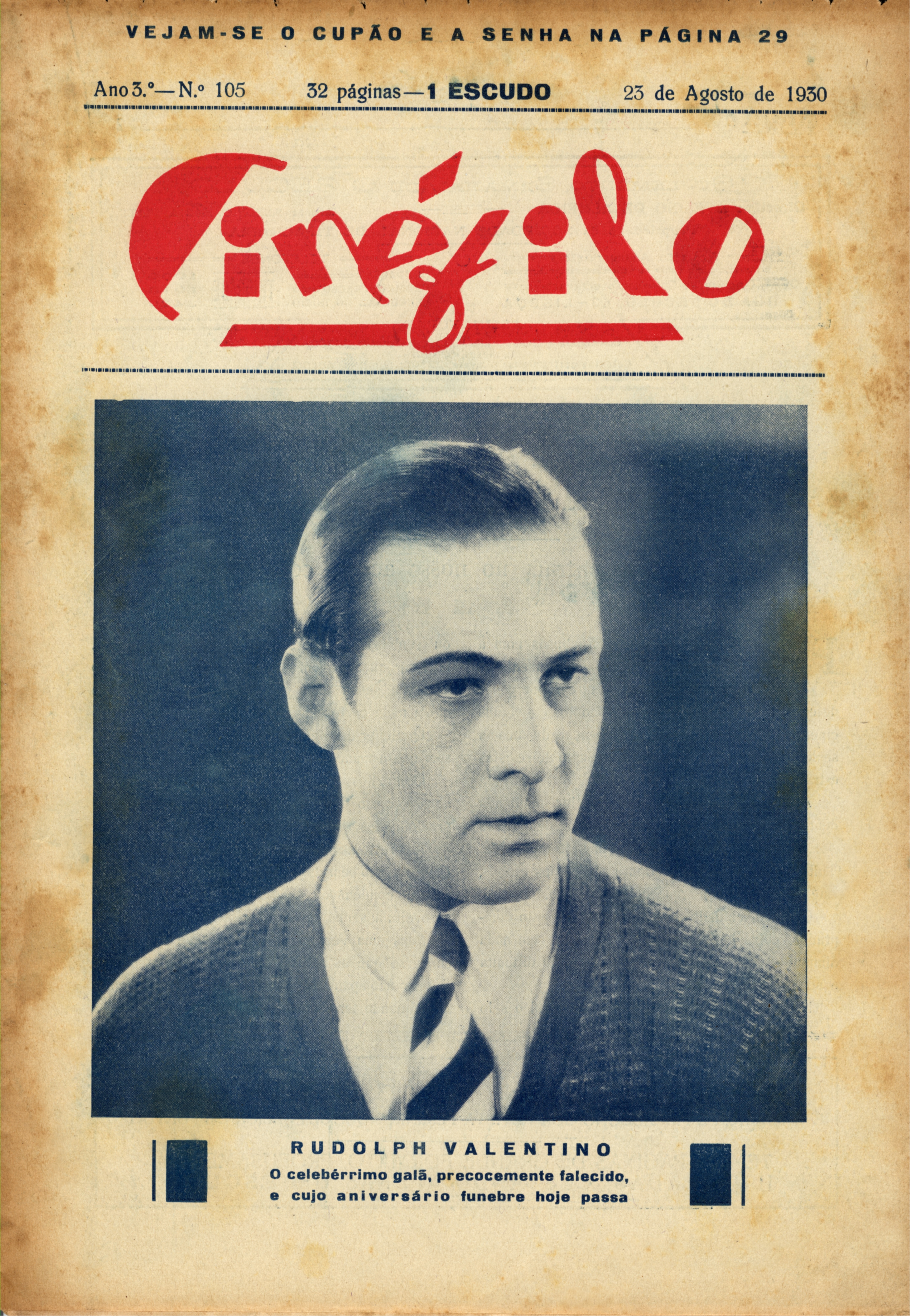 Un ritratto di Rodolfo Valentino sulla copertina della rivista Cinefilo