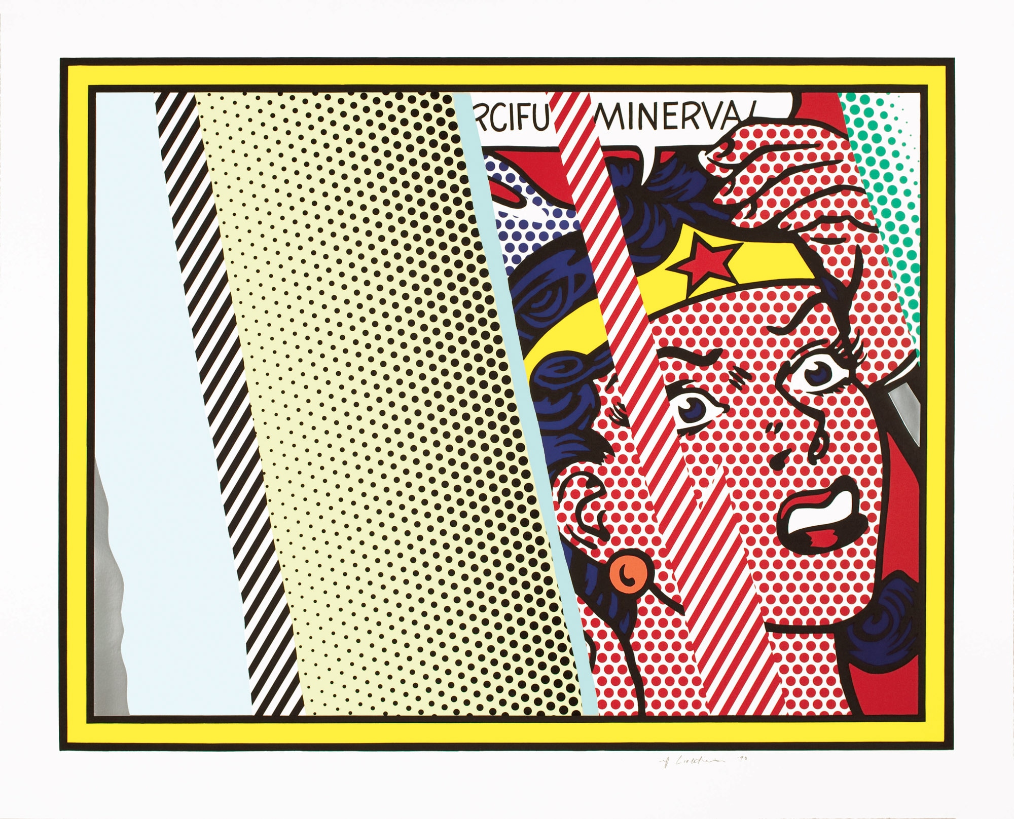Roy Lichtenstein Reflections on Minerva 1990 Litografia, serigrafia, rilievo and collage in PVC metallizzato con goffratura su carta Somerset fatta a mano 106.7 x 131.4 cm Collezione privata ©Estate of Roy Lichtenstein