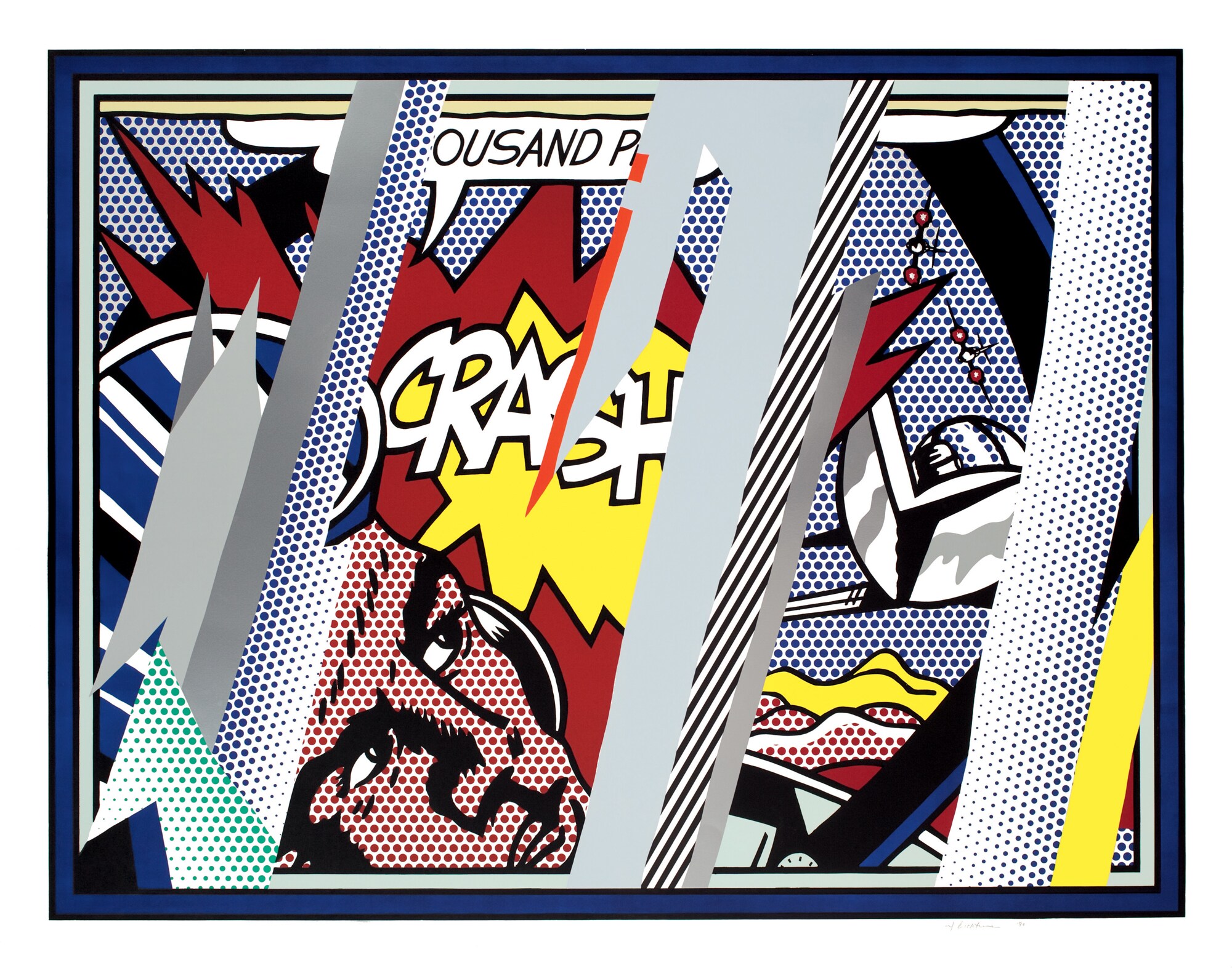 Roy Lichtenstein Reflections on Crash 1990 Litografia, serigrafia, rilievo and collage in PVC metallizzato con goffratura su carta Somerset fatta a mano 150.2 x 190.5 cm Collection Lex Harding ©Estate of Roy Lichtenstein