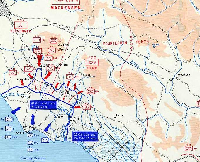 Mappa raffigurante la campagna d’Italia con tutti i vari movimenti delle truppe alleate a partire dallo sbarco ad Anzio e Nettuno