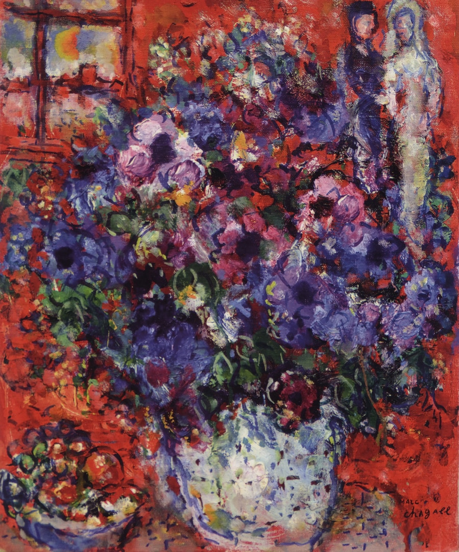 Mazzo di fiori su sfondo rosso (1970 ca.) Olio su tela, 41x32,5 cm - Private Collection, Swiss - © Chagall ® by SIAE 2019