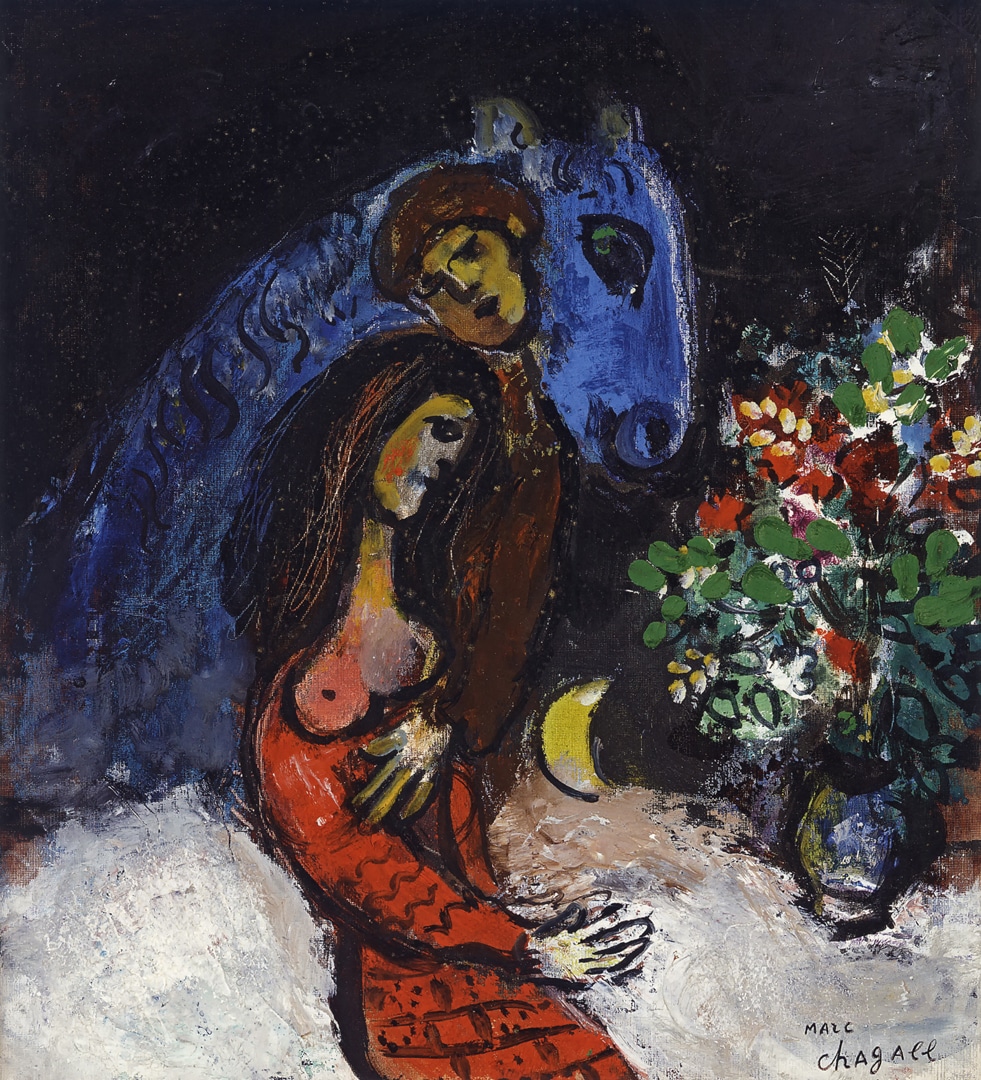 Gli innamorati con l’asino blu (1955 ca.) Olio su tela, 30x27 cm - Private Colle ction, Swiss - © Chagall ® by SIAE 2019