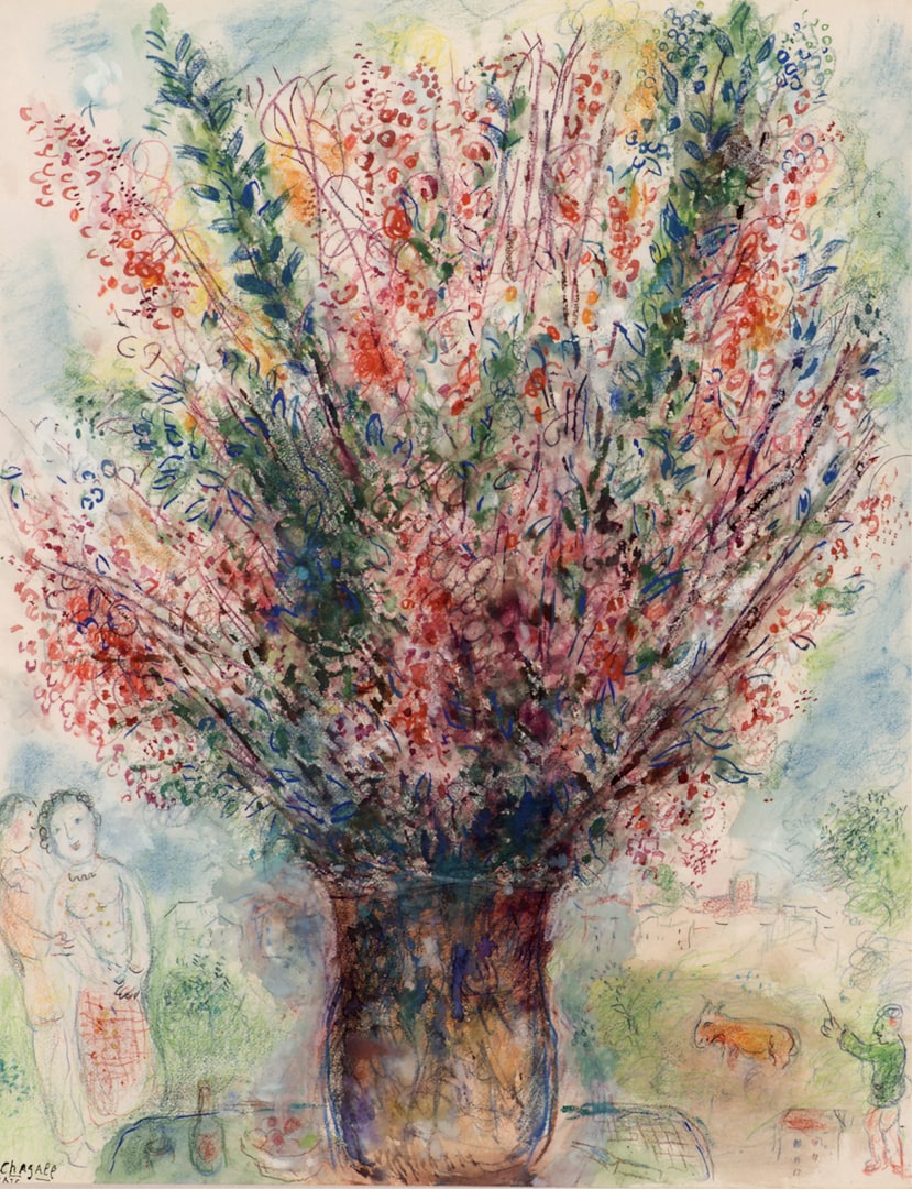Grande mazzo rosso (1975). Gouache, pastello, acquerello e matita su carta, 75,3x58,7 cm - Private Collection, Swiss - © Chagall ® by SIAE 2019