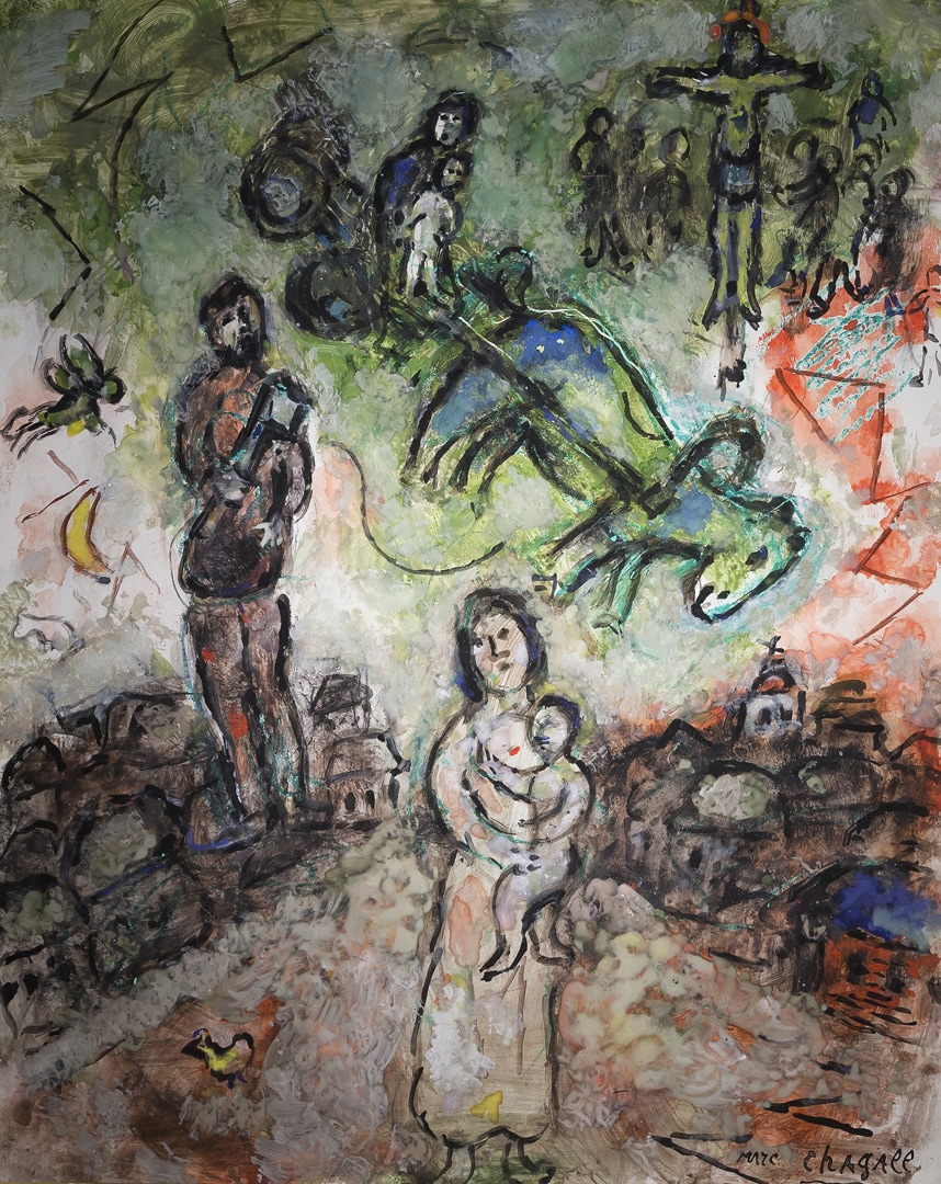 Il carretto sulla città (1981). Tempera su masonite, 40,6x33 cm - Private Collection, Swiss - © Chagall ® by SIAE 2019