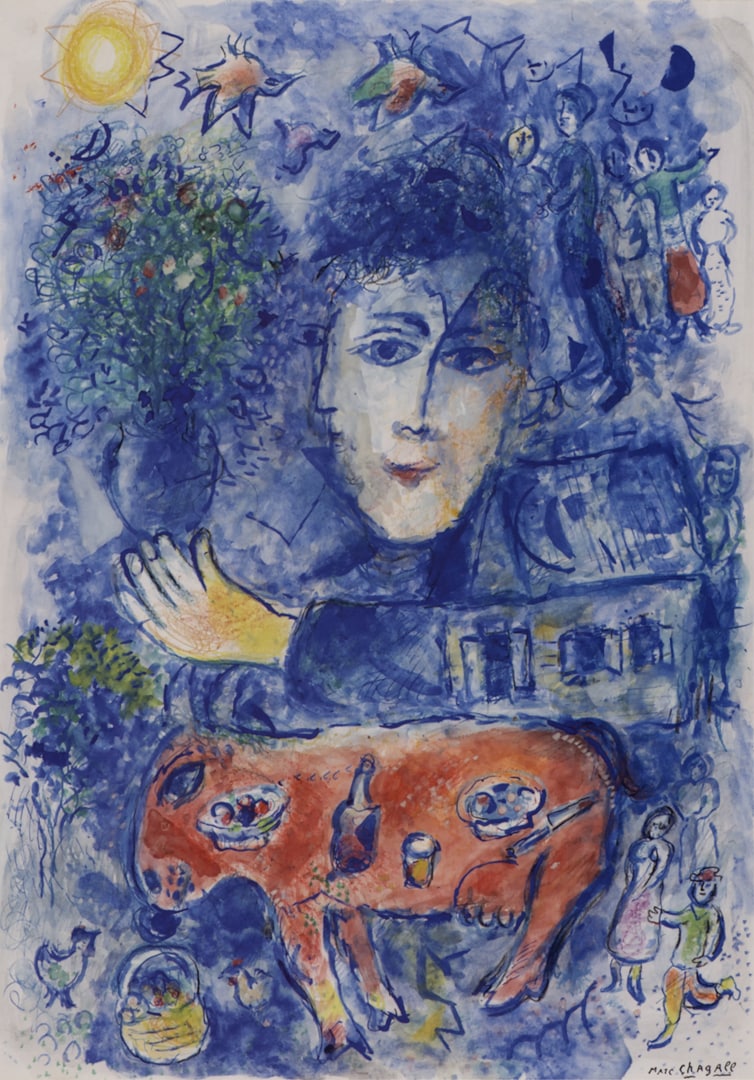 L’asino a tavola (1980). Gouache e pastello su carta, 89,5x62,7 cm - Private Collection, Swiss - © Chagall ® by SIAE 2019