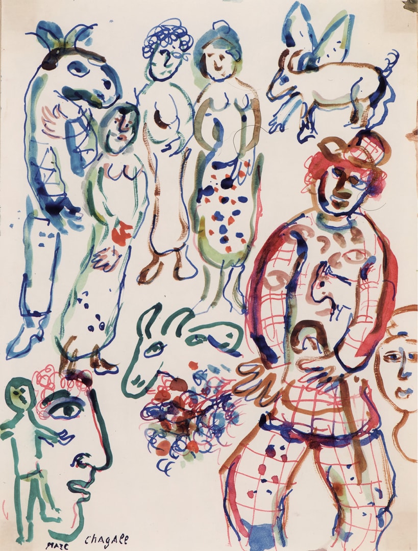 Il clown (1967). Gouache su carta, 31,2x23,5 cm - Private Collection, Swiss - © Chagall ® by SIAE 2019