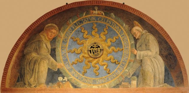 Andrea Mantegna. Sant’Antonio e San Bernardino sorreggono il monogramma di Cristo, 1452. Affresco staccato, 163 x 321 cm. Museo Antoniano, Padova
