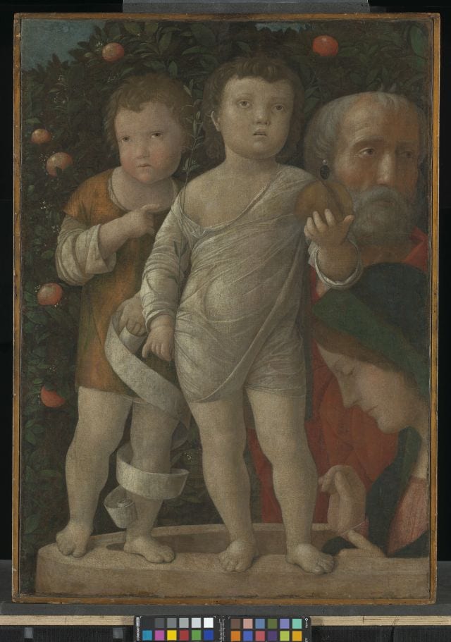 Andrea Mantegna. Sacra Famiglia con San Giovanni, 1500 ca. Tela 71,1 x 50 x 8 cm. The National Gallery, Londra