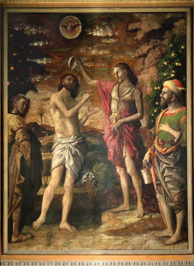 Andrea Mantegna e aiuti. Battesimo di Cristo, 1504 ca. Tempera a caseina su tela 228 x 175 cm. Basilica con cattedrale di Sant'Andrea, Mantova