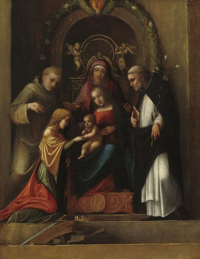 Antonio Allegri, detto il Correggio. Il matrimonio mistico di Santa Caterina, 1510 - 1515. Olio su tavola 40,16 x 33,8 x 4,92 cm. National Gallery of Art, Washington USA
