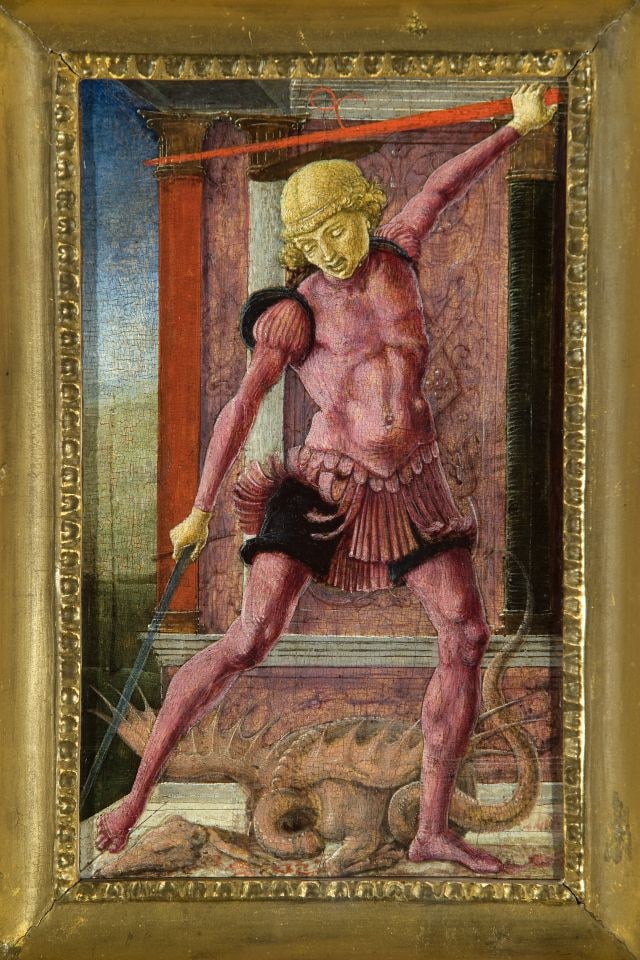 Cosmé Tura. San Giorgio, 1460 - 1465. Olio su tavola, 21,6 x 13 cm. Fondazione Giorgio Cini, Galleria di Palazzo Cini, Venezia