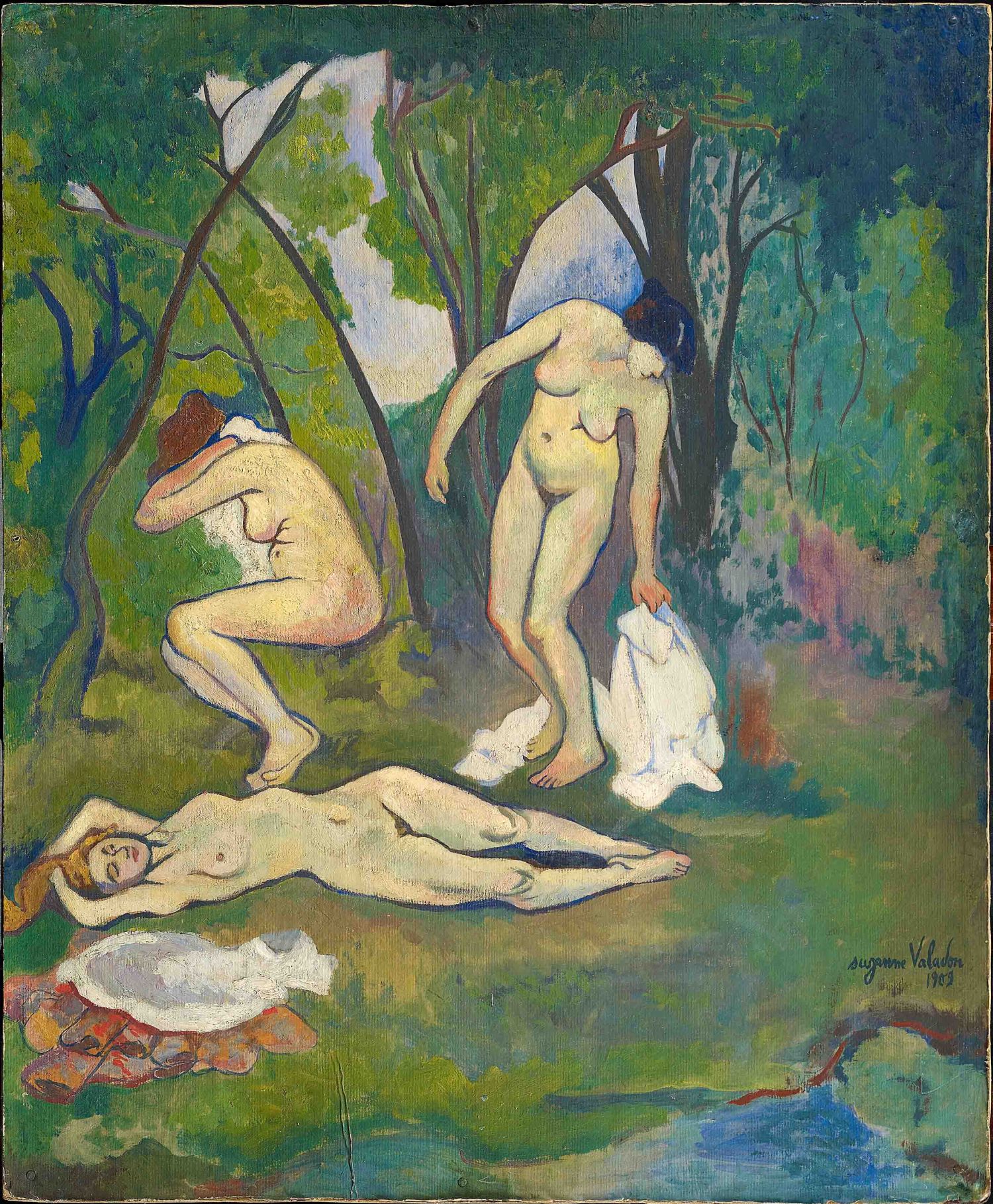 Suzanne Valadon (Bessines, 1865 − Paris, 1938). Trois nus à la campagne, 1909. Olio su cartone, 61 x 50 cm. Collezione Jonas Netter