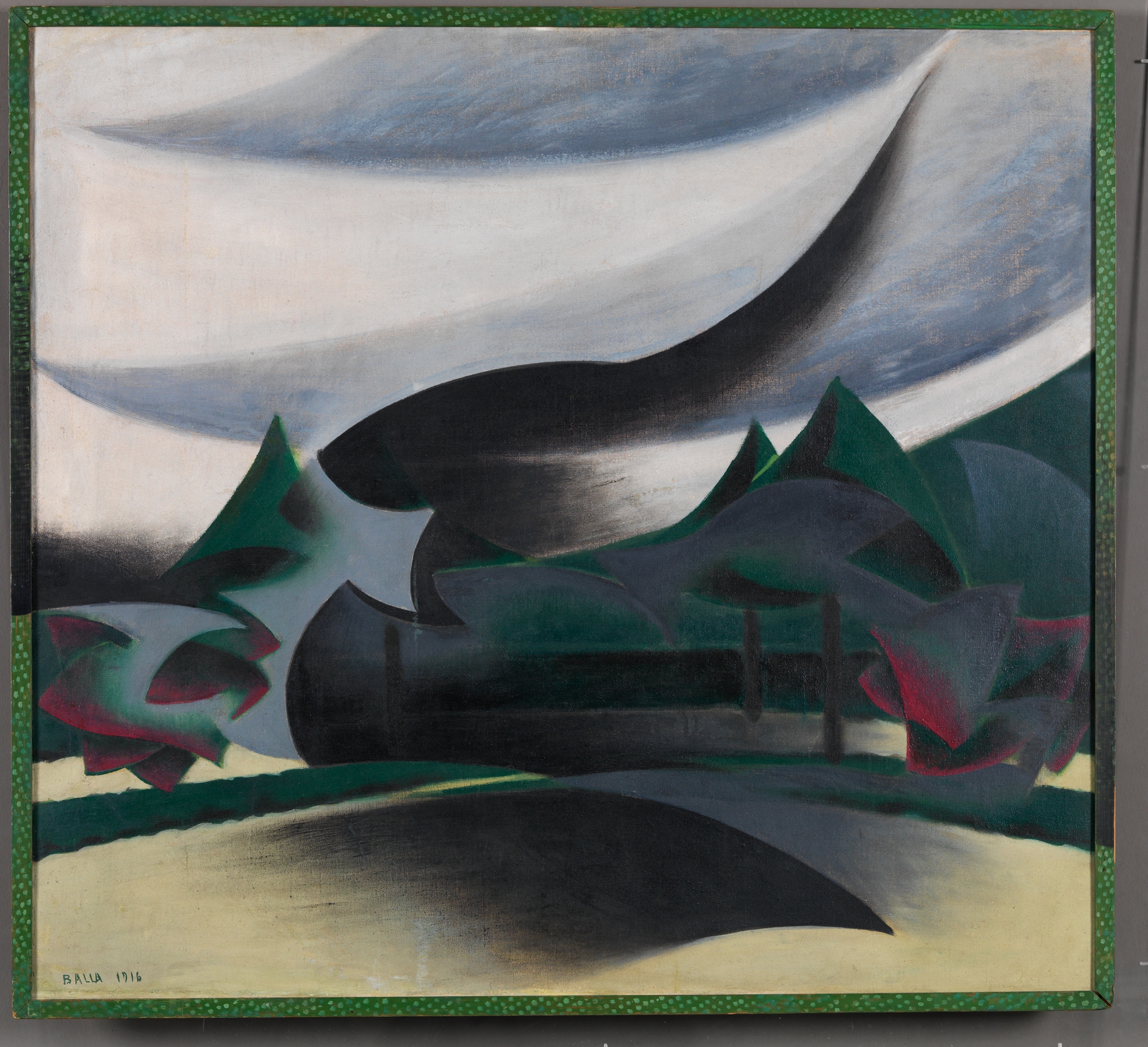 Giacomo Balla (1871-1958). "Velo di Vedova + paesaggio (Corazzata+vedova+vento)" 1916. Olio su tela (con cornice dipinta dall'artista) 103 x 111,5 cm. MART, Collezione VAF - Stiftung.