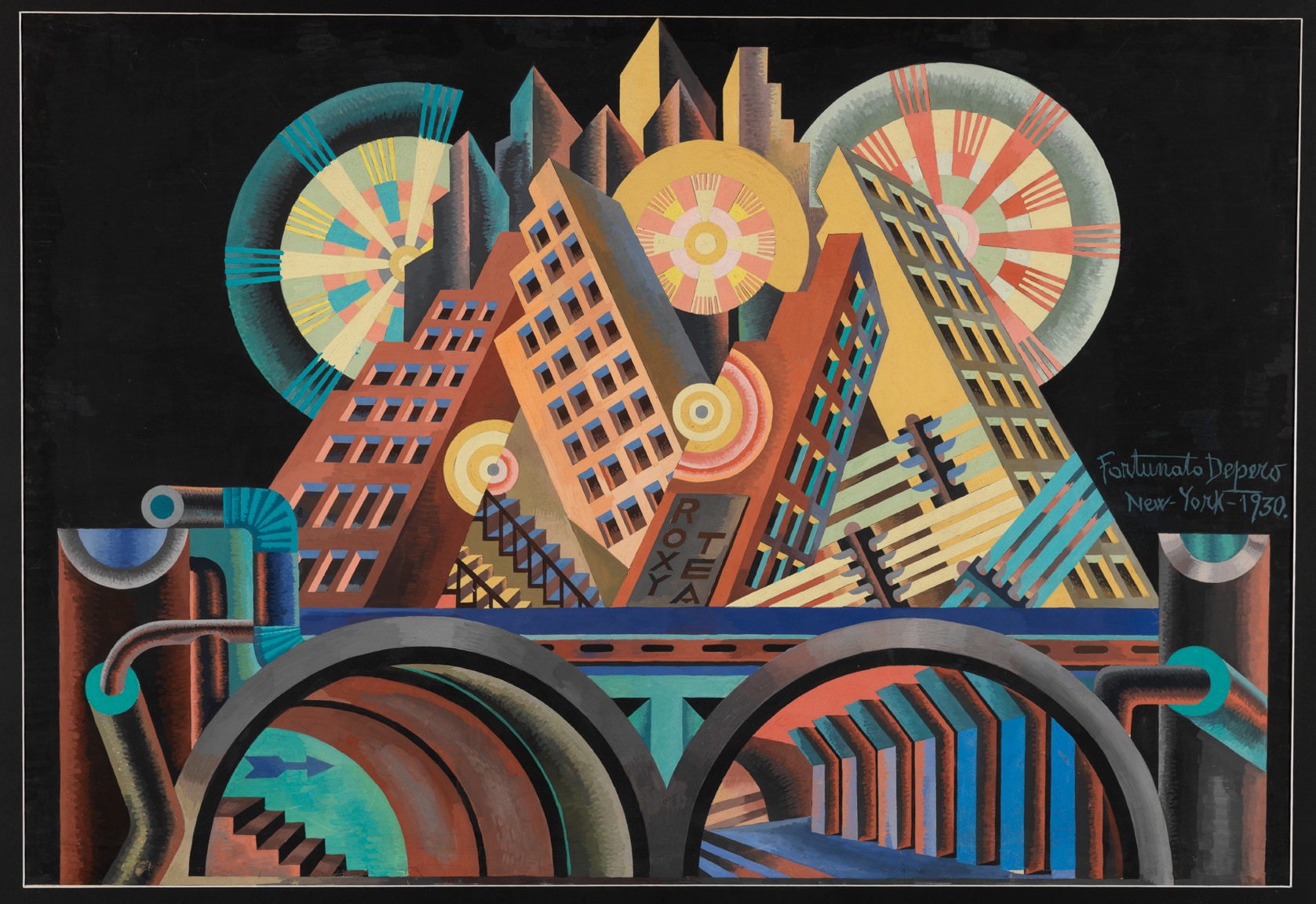 Fortunato Depero (Fondo, TN, 1892 - Rovereto, TN, 1960). "Grattacieli e tunnel" 1930. Tempera su cartoncino, 68 x 102 cm; Dimensioni con cornice 101,5 x 128 x 7 cm. Mart, Museo di arte moderna e contemporanea di Trento e Rovereto, Fondo Depero.