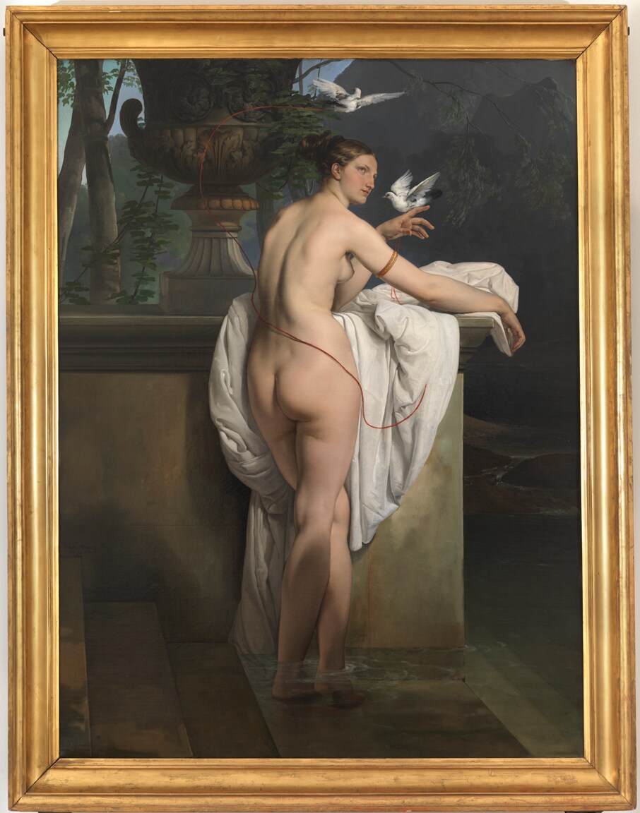 Francesco Hayez (Venezia, 1791 - Milano, 1882). "Venere che scherza con due colombe (Ritratto della ballerina Carlotta Chabert)" 1830. Olio su tela, 183 x 137 cm; Dimensioni con cornice 213 x 165,5 x 14 cm. Mart, Museo di arte moderna e contemporanea di Trento e Rovereto, Deposito Fondazione Cassa di Risparmio di Trento e Rovereto.