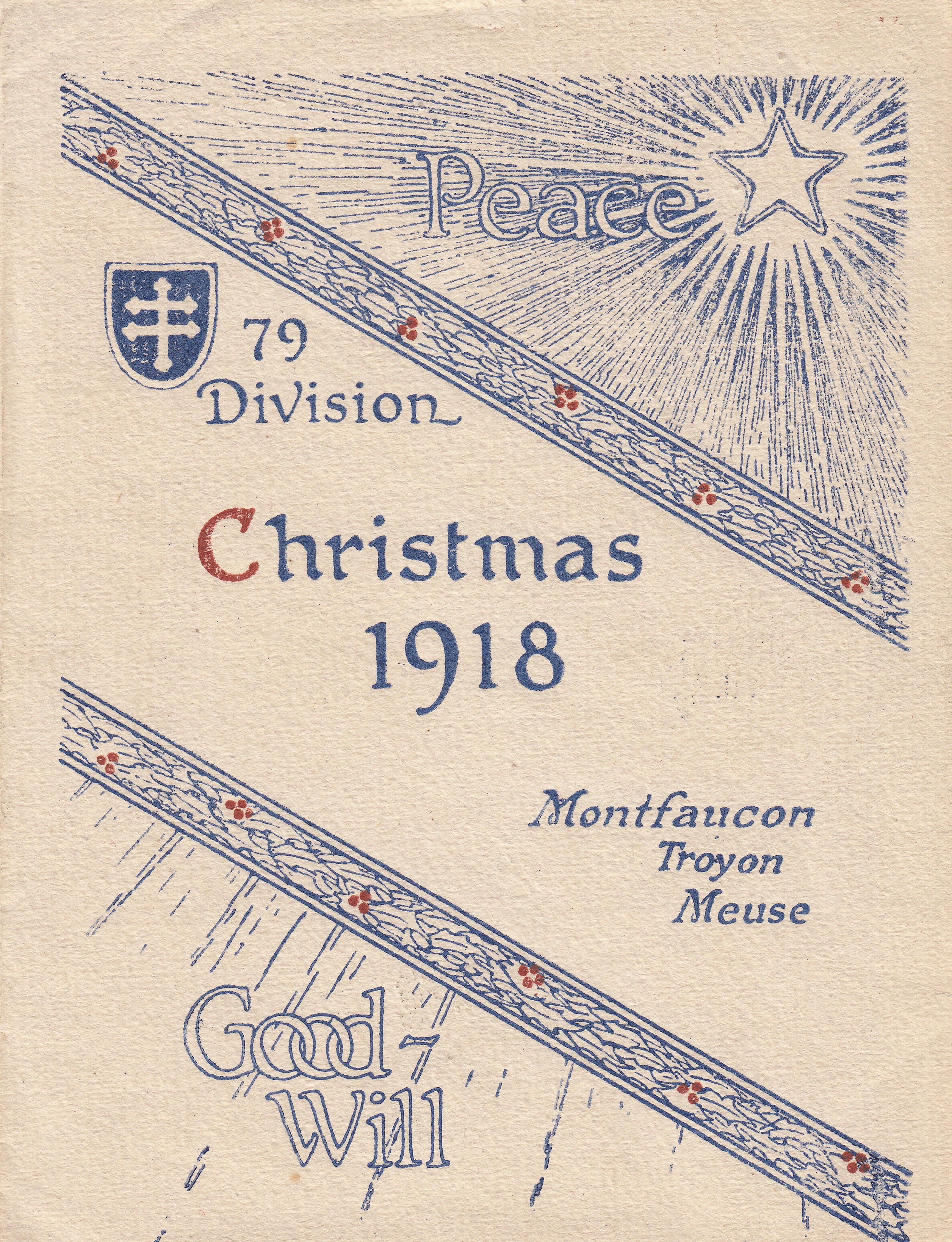 Biglietto di auguri di Natale di un soldato americano della settantanovesima divisione, con sede vicino a Verdun, nel 1918