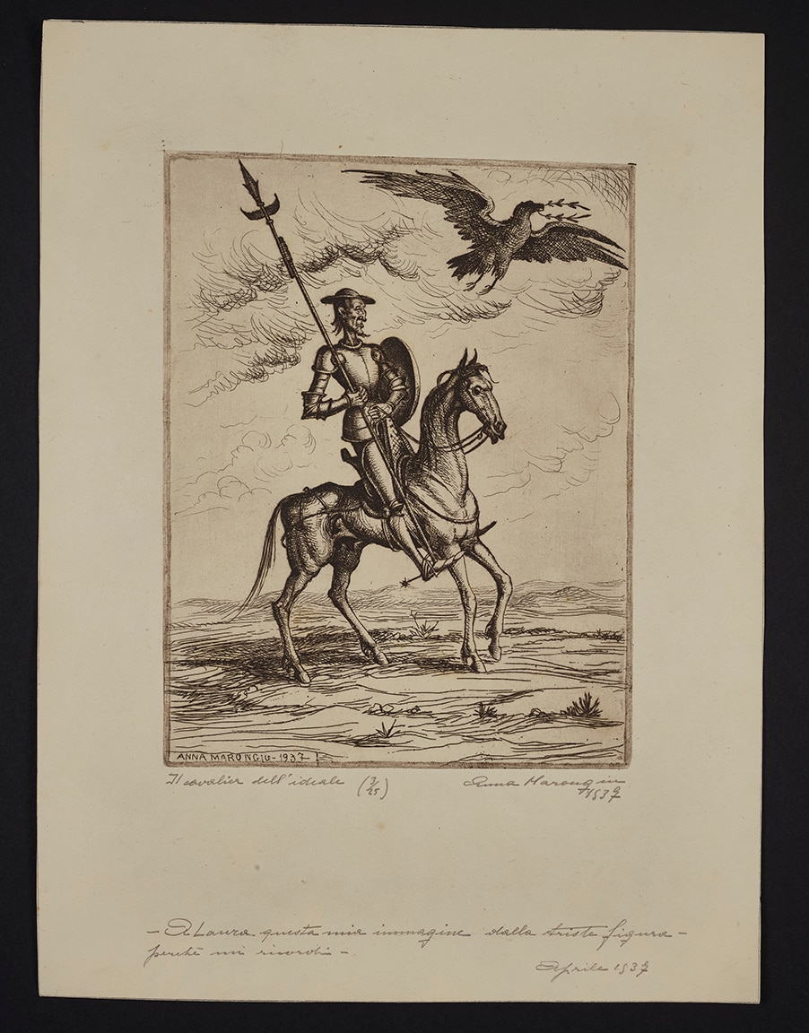 Anna Marongiu, Il cavaliere dell’ideale, 1937, acquaforte su carta, 31, 3 X 23 cm, donazione eredi Enrico Marongiu, Courtesy MAN.