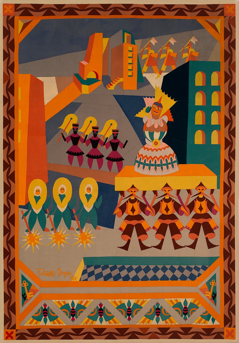 Fortunato Depero (Fondo, TN, 1892 - Rovereto, TN, 1960). "Il corteo della gran bambola" 1920. Tarsia in panno, 334,5 x 233 cm. Mart, Museo di arte moderna e contemporanea di Trento e Rovereto, Fondo Depero Fortunato.