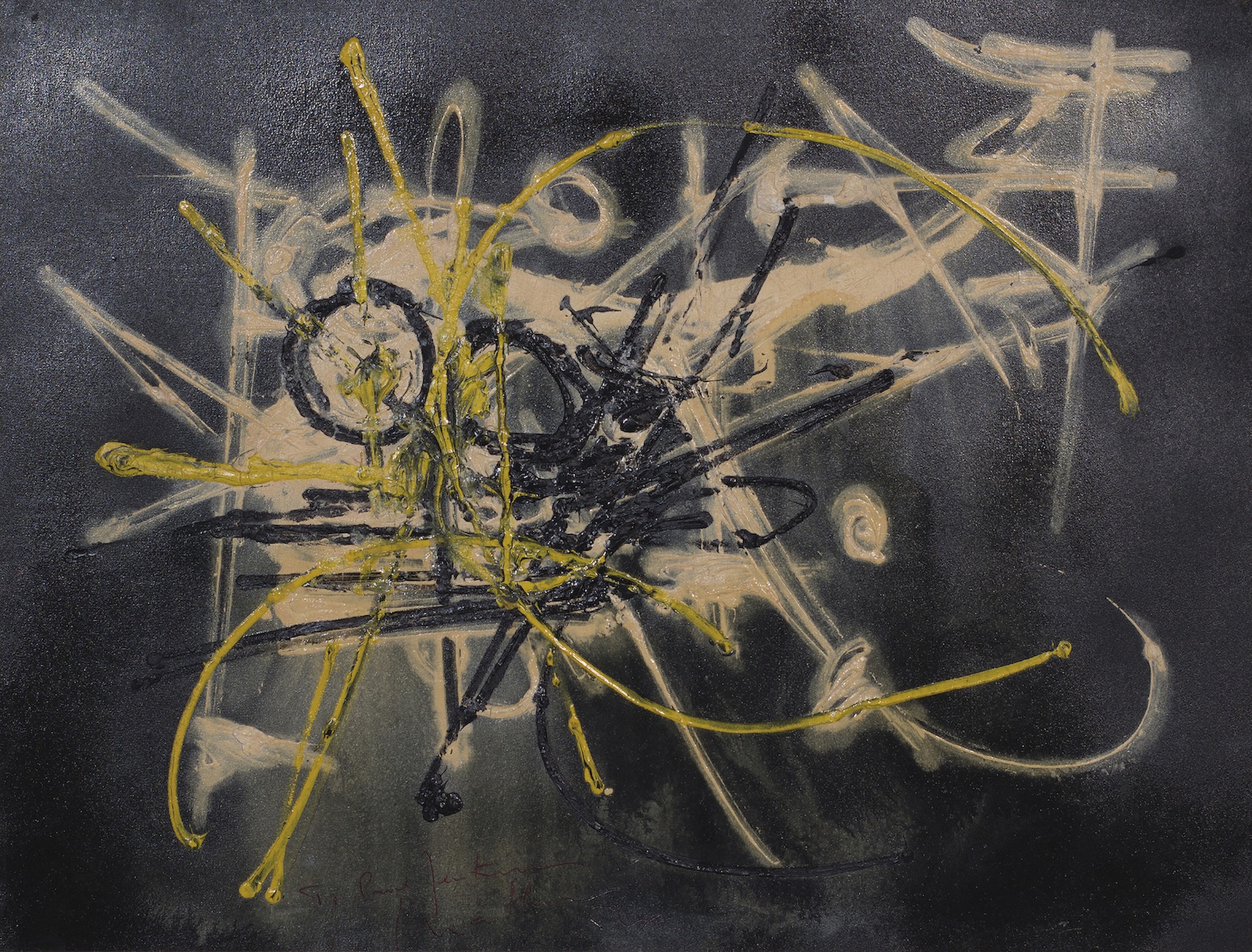 Georges Mathieu - Senza titolo (Composition jaune blanche et noire), 1954 - Olio su carta intelata 49 x 64 cm - Stato Italiano, in consegna al Segretariato regionale del Ministero per i beni e le attività culturali per la Lombardia / In comodato al Comune di Bergamo per la GAMeC - Foto: © Roberto Morelli / Scalpendi editore 