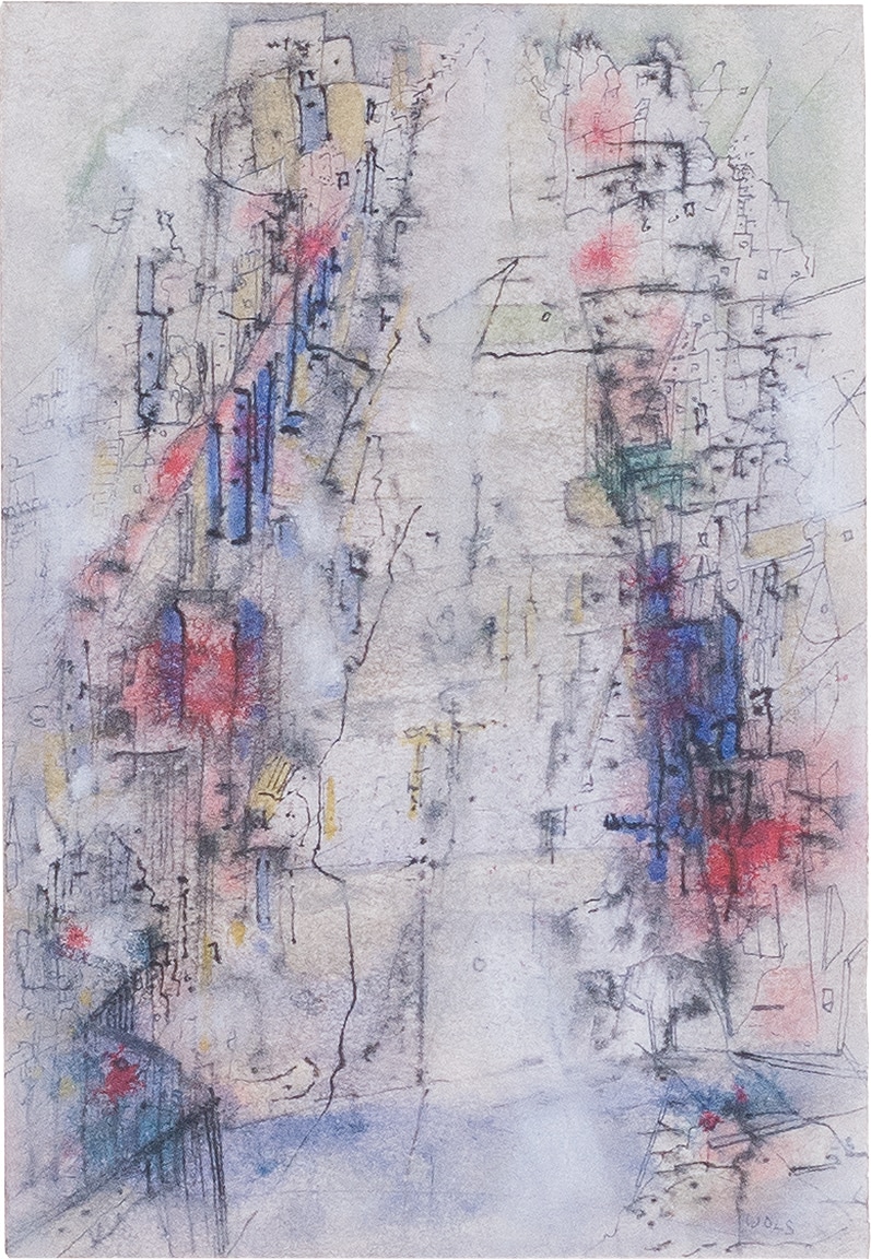 Wols - Senza titolo, 1945-1946 - Penna a china, acquerello, gouache, bianco coprente, grattage su carta 16 x 11 cm - Stato Italiano, in consegna al Segretariato regionale del Ministero per i beni e le attività culturali per la Lombardia / In comodato al Comune di Bergamo per la GAMeC - Foto: © Roberto Morelli / Scalpendi editore 