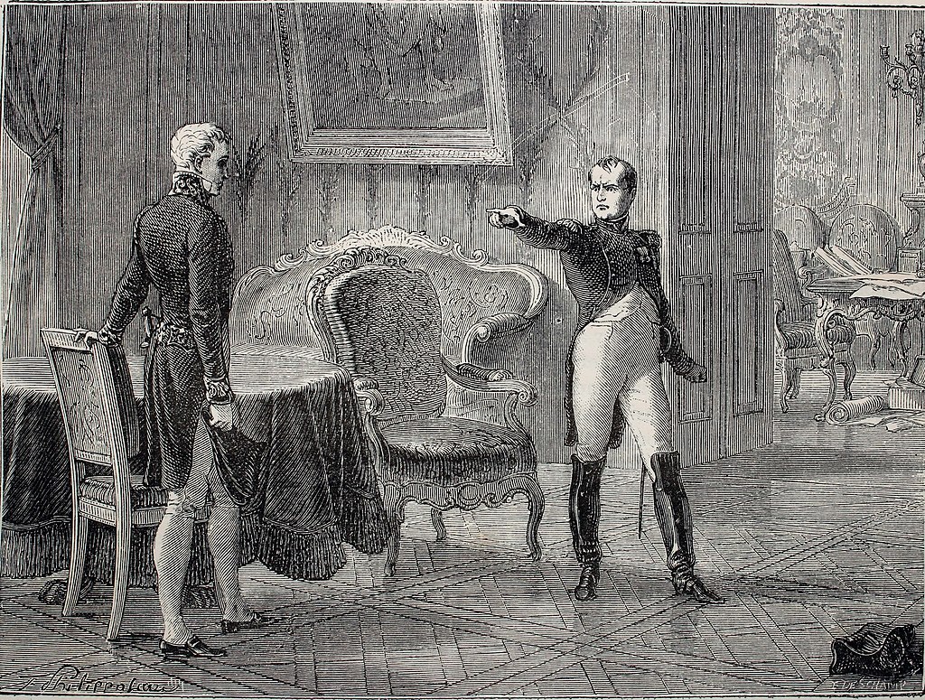 Una delle tante stampe che ritrae lo storico incontra di Dresda del 26 giugno 1813 tra Napoleone Bonaparte e il Principe di Metternich